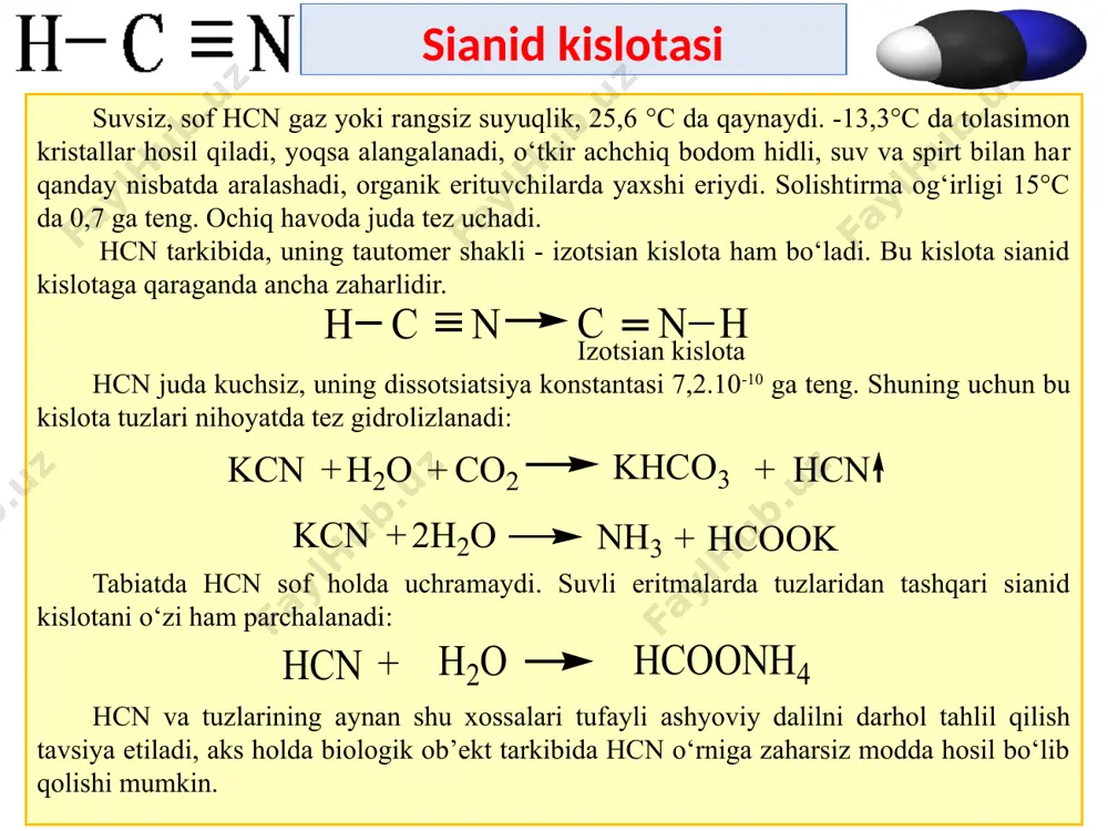 rmaldegid sintetik smolalar, plastmassa turidagi birikmalar olishda keng qo‘llanilmoqda. formaldegid formalin, urotropin va paraform moddalarini hosil qilishda birdan-bir hom ashyo hisoblanadi. kuchli antiseptik ta’sir ko‘rsatganligi uchun patanatomiya laboratoriyalarida murda qismlaridan iborat ob’ekt va preparatlarni uzoq vaqt o‘zgarmagan holda saqlash maqsadida qo‘llanadi. formaldegidning korxonalar havosidagi ruxsat etiladigan eng yuqori konsentratsiyasi 0,005 mg/l ga teng. formaldegidning yuqori konsentratsiyali eritmasini birdan qattiq hidlansa to‘satdan o‘limga olib kelishi ham mumkin. og‘iz orqali organizmga tushsa og‘iz va qizil o‘ngach shilliq qavatini kuydiradi, kuchli so‘lak oqishi, chanqash, qayd qilish hollari kuzatiladi. formaldegid m.n.s.ga ta’sir etishi tufayli xushdan ketish va tirishish sodir bo‘ladi. 17 formalin - dezinfeksiya qilishda, kuchsiz eritmasi odam juda qattiq terlaganda teriga surtish uchun beriladi. formalin bilan zaharlangan odam ko‘zidan yosh oqadi, bo‘g‘iladi, yo‘taladi, bir oz o‘tgach so‘lak oqadi, ichi ketadi, qorni qattiq og‘riydi, ko‘ngil ayniydi va qusadi. 60-90 ml formalin o‘limga olib keladi. sud tibbiyot laboratoriyalarida tekshirilganda me’da shilliq qavatiga qon quyilganligi, gastrit …
