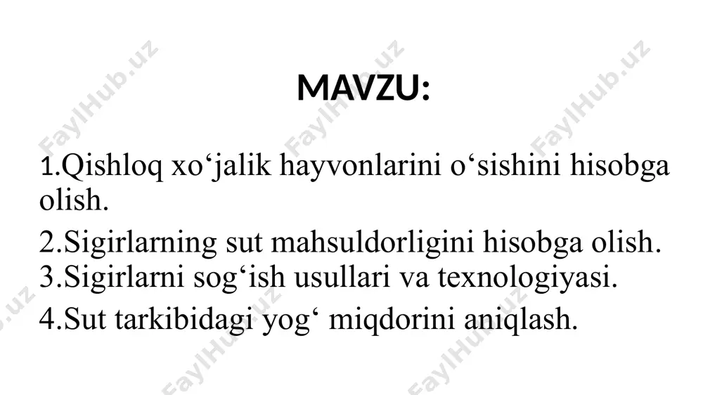 krak orti ko‘krak aylanasi lenta bilan o‘lchanib, tirik vazni jadval yordamida aniqlanadi. bu usullarda hayvonlarni tirik vazni aniqlanganda ozg‘in mollar uchun 5-10% kamaytiriladi. o‘rta semizlikdan yuqori mollar uchun 5-10% ko‘paytiriladi. urg‘ochi mollarni tortishda va o‘lchab ko‘rishda ularning bo‘g‘ozlik muddatlarini hisobga olish muhim ahamiyatga ega. sog‘in sugirlar tuqqandan keyingi ikkinchi va to‘rtinchi oylarida, ertalabki sog‘ishdan keyin boshqa mollar ertalab ozuqa berishdan oldin tortilishi kerak. mutloq o‘sish mollarni vaznini hisobga olish davrining oxiri va tug‘ilgandagi tirik vazni o‘rtasidagi farqni topish yo‘li bilan quyidagi formulaga muvofiq aniqlanadi: m = wt - wo (kg) wt – o‘lchanadigan paytdagi tirik vazni; wo – tug‘ilgan vaqtidagi tirik vazni. o‘rtacha kunlik o‘sish quyidagi formula orqali aniqlanadi (gramm): t – tortish orasidagi o‘tgan vaqt. nisbiy o‘sish organizmning tirik vaznini yoki tana o‘lchamlarini tug‘ilgandagiga nisbatan qanchalik ortganligini ko‘rsatadi va quyidagi formula orqali topiladi.(%) 100 – koeffitsent. nisbiy o‘sishning hayvonlarning yoshi o‘tishi bilan pasayishi hayvonlarning o‘sishi me’yorda ekanligidan dalolat beradi. …