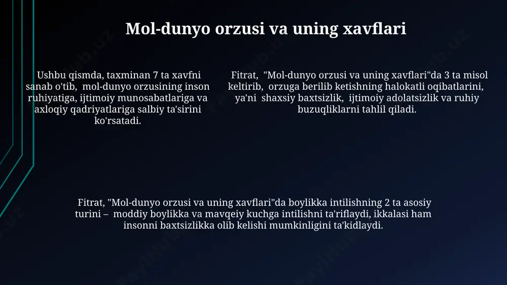 4 ta tashqi omilni baxtsizlikning asosiy sababi sifatida ko'rsatadi. fitrat "rahbari najot" da, insonning ichki dunyosi va tashqi muhiti o'rtasidagi nomutanosiblikni, ya'ni 3 ta ichki va 4 ta tashqi omilni baxtsizlikning asosiy sababi sifatida ko'rsatadi. fitratning dunyoviylikka qarshi fikrlari fitrat dunyoviylikni insonning ichki "men"ini yo'q qilishga olib keladigan zararli g'oya sifatida ta'riflaydi va bunday hayot tarzini 3 ta asosiy bosqichda tahlil qiladi. fitrat "rahbari najot"da dunyoviylikning 2 ta asosiy turini – shaxsiy manfaat va moddiy boylikka haddan tashqari berilishni tanqid qilib, ularni insoniyat baxtsizligining 2 asosiy sababi deb ko'rsatadi. uning fikricha, 70% dan ortiq dunyoviy insonlar ruhiy qashshoqlikka va ma'naviy buzuqlikka duch kelishadi, bu esa jamiyatning ijtimoiy rivojlanishiga salbiy ta'sir qiladi. taqvodorlik va allohga yaqinlik ushbu bobda fitrat, taqvoniy hayot kechirish orqali 7 ta asosiy fazilatni rivojlantirish mumkinligini va bu fazilatlarning insonning allohga yaqinlashishiga, shu bilan birga ichki tinchligiga ta'sirini ta'kidlaydi. fitrat "rahbari najot"da taqvoda 2 asosiy yo'nalishni – allohga …