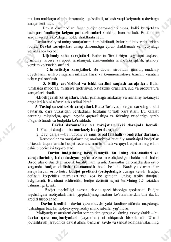 dlarini, boshqa maxsus pul fondlarining harakatini o‘z ichiga oladi. eng avvalo, korxona (tarmoq)lar va umumdavlat moliyasini bir-biridan farqlash lozim. korxona va tarmoqlar moliyasi ulardagi takror ishlab chiqarish jarayonida hamda alohida fondlar yaratish yo‘li bilan ularning moliyaviy ehtiyojlariga xizmat qiladi. umumdavlat moliyasi davlat budjetini, ijtimoiy sug‘urta fondini hamda davlat mol-mulk va shaxsiy sug‘urtasi fondini, soliq tizimini o‘z ichiga oladi. davlat pul mablag‘larining asosiy markazlashgan fondi bo‘lmish davlat budjeti moliya tizimining muhim bo‘g‘ini bo‘lib xizmat qiladi. davlat budjeti – bu davlatning pul daromadlari va xarajatlari hamda ularni moliyaviy qoplash manbalarining yillik rejasidir. davlat daromadlari va xarajatlarining asosiy qismi davlat budjeti orqali o‘tadi. uning asosiy vazifasi moliyaviy vositalar yordamida iqtisodiyotni samarali rivojlantirish va umumdavlat miqyosidagi ijtimoiy vazifalarni hal qilish uchun sharoit yaratishdir. davlat budjetining ikki tomoni bo‘lib, bir tomonida budjetga kelib tushadigan daromadlar tarkibi va ularning manbalari, ikkinchi tomonida esa asosiy xarajatlarning tarkibi va miqdori o‘z ifodasini topadi. davlatning daromadi uning ixtiyoriga kelgan …