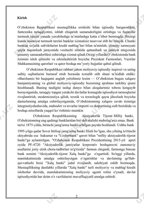 miga integrastiyalashuvida, mahsulot va tovarlar importi va eksportining osib borishida va boshqa misollarda yaqqol ko`rishimiz mumkin o'zbekiston respublikasining aksiyadorlik tijorat milliy banki, o'zbekistonning eng qadimgi banklaridan biri deb atalishi mubolag'asiz emas. bank tarixi 1875-yilda, birinchi jamg'arma banki ochilgan paytda boshlandi. ushbu bank 1995-yilga qadar sovet ittifoqi jamg'arma banki filiali bo’lgan, shu yilning to'rtinchi oktyabrida esa hukumat va "uzsberbank" qarori bilan "milliy aktsiyadorlik-tijorat banki"ga aylantirilgan. "o'zbekiston respublikasi prezidentining 2015-yil aprel oyida pf-4720 "aksiyadorlik jamiyatlar korporativ boshqaruvni zamonaviy usullarini joriy etish chora-tadbirlari to'g'risida" farmon chiqardi, farmonga binoan bank nomini “aksiyadorlik-tijorat xalq banki"ga o'zgartirdi. so'nggi yillarda, mamlakatimizda amalga oshirilayotgan o’zgarishlar va davlatning qo'llab-quvvatlashi boisi "xalq banki" jadal rivojlanib, salohiyati oshib bormoqda. mustaqillikning dastlabki yillarida "xalq banki" turli moliyaviy va mablag'-kredit islohotlar davrida, mamlakatimizning moliyaviy agenti rolini o'ynadi, davlat iqtisodiyotida har doim o'z vazifalarini muvaffaqiyatli amalga oshirdi. o'zbekiston mustaqilligi e'lon qilingandan so'ng, "xalq banki" mamlakatning og’ir davrida iqtisodiy vaziyatni barqarorlashtirishda muhim rol o'ynadi. bizning …