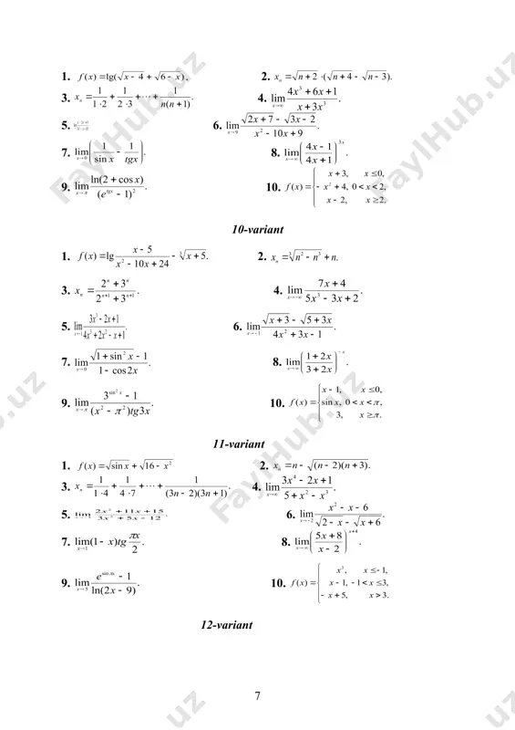 tervallarda kamayadi. funksiyani ekstremumga tekshiramiz. hosilaning har bir kritik nuqtadan chapdan o‘ngga o‘tgandagi ishoralarini chizmada belgilaymiz: demak, maksimum nuqta, minimum nuqta. . funksiyani qavariqlikka va botiqlikka tekshiramiz va egilish nuqtalarini topamiz. embed equation.3 ikkinchi tartibli hosila nuqtada mavjud emas. hosilaning ishorasi bu nuqtadan chapda manfiy va o‘ngda musbat. demak, funksiyaning grafigi intervalda qavariq, intervalda botiq bo‘ladi. funksiya grafigining egilish nuqtasi yo‘q. bandlardagi tekshirishlar asosida funksiya grafigini chizamiz (2-shakl). namunaviy variantning maple kmsda yechilishi 1.30. . > > 2.30. > > 3.30. . > > 4.30. . > > 5.30. > > 6.30. . > > 7.30. . > > > 8.30. > > > > > 9.30. . > > > 10.30. . berilgan funksiyani quyidagicha tekshiramiz va grafigini chizamiz: > > > funksiyaning uzulish nuqtasini aniqlaymiz: > fuksiyani x ga nisbatan yechamiz: > funksiyaning juft-toqligini aniqlaymiz: > uzulish nuqtasida o`ng va chap limitlarni hisoblaymiz: > > funksiyaning birinchi tartibli …