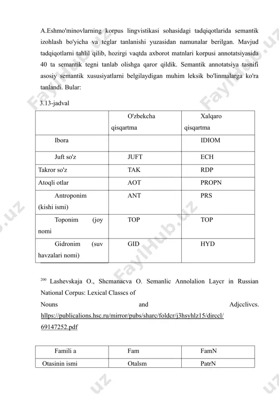 i bajarishga harakat qildik. hozircha o'zbek tilida semantik avtomatik teglovchi dasturlar yaratilishi jarayoni endi boshlangani sababli, dasturda semantik annotatsiya qo'l mehnati orqali amalga oshirildi. lekin korpus kengaygani sari semantik izohlangan har bir birlik keyingi matnlarda uchrashi davomida avtomatik belgilanadi. yuqorida ta'kidlaganimizdek, sh.hamroyeva, d.ahmedova va a.eshmo'minovlarning korpus lingvistikasi sohasidagi tadqiqotlarida semantik izohlash bo'yicha va teglar tanlanishi yuzasidan namunalar berilgan. mavjud tadqiqotlarni tahlil qilib, hozirgi vaqtda axborot matnlari korpusi annotatsiyasida 40 ta semantik tegni tanlab olishga qaror qildik. semantik annotatsiya tasnifi asosiy semantik xususiyatlarni belgilaydigan muhim leksik bo'linmalarga ko'ra tanlandi. bular: 3.13-jadval o'zbekcha qisqartma xalqaro qisqartma ibora idiom juft so'z juft ech takror so'z tak rdp atoqli otlar aot propn antroponim (kishi ismi) ant prs toponim (joy nomi top top gidronim (suv havzalari nomi) gid hyd 200 lashevskaja o., shcmanacva o. semanlic annolalion laycr in russian national corpus: lexical classcs of nouns and adjcclivcs. hllps://publicalions.hsc.ru/mirror/pubs/sharc/foldcr/j3hsyhlz15/dirccl/69147252.pdf famili a fam famn otasinin ismi otalsm …