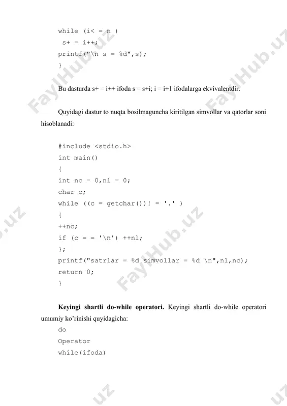 ’xtatib for va while da ko’rsatilgan shartli tekshirishga o’tkazadi. misol: #include int main() { int n; for(;;) { scanf("%d",&n); if(n == 1||n == 0) continue; break; } printf("sikl tugadi"); return 0; } bu misolda for(;;) operatori yordamida cheksiz sikl hosil qilinadi. agar 1 yoki 0 sonlardan farqli son kiritilsa sikl to’xtatiladi. o’tish operatori goto. o’tish operatorining ko’rinishi: goto . bu operator identifikator bilan belgilangan operatorga o’tish kerakligini ko’rsatadi. misol uchun goto a1;…;a1:y = 5; strukturali dasturlashda goto operatoridan foydalanmaslik maslahat beriladi. lekin ba’zi hollarda o’tish operatoridan foydalanish dasturlashni osonlashtiradi. misol uchun bir necha sikldan birdan chiqish kerak bo’lib qolganda, to’g’ridan-to’g’ri break operatorini qo’llab bo’lmaydi, chunki u faqat eng ichki sikldan chiqishga imkon beradi. #include int main() { int n = 16,s = 0; int i,j; for(i = 1;i n) goto a; c++; } a:printf("sikl tugadi s = %d",s); return 0; } 2. umumiy takrorlanish algoritmlari va ichma-ich takrorlanishlar 2.1 c++tilida …