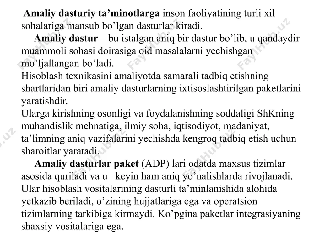vvatlovchilarni; turli xil vaziyatlarda foydalanuvchilarga tavsiyalar bera oladigan ekspert tizimlarini; dasturlashtirishsiz amaliy masalalarni yechuvchi intellektual amaliy dasturlar paketlarini qamrab oladi. shaxsiy kompyuterlar uchun mo’ljallab chiqarilgan amaliy dasturlar paketlari uchun quyidagi tasniflarni aytib o’tish mumkin: • matn muharrirlari, matnli prosessorlar va noshirlik tizimlari; • grafika muharrirlari va tadbirkorlik grafika vositalari; • katta o’lchamli elektron jadvallar, jadval prosessorlari; • telekommunikasion tizimlarni boshqarish amaliy dasturlar paketlari; • berilganlar bazasini boshqarish tizimi; • ma’lumotli-qidirish tizimlari; • su’niy intellekt tizimlari, shu jumladan ekspert tizimlari; • avtomatlashtirilgan o’qitish tizimlari; • ma’lumotlarni statistik qayta ishlash paketlari; • matematik dasturlashtirish amaliy dasturlar paketlari; • avtomatlashtirilgan loyihalashtirish tizimlari; • tarkibiga muammoga mo’ljallangan paketlarning bir nechta turini oladigan integrallashgan amaliy dasturlar paketi. image1.emf image2.emf image3.emf image4.emf /docprops/thumbnail.jpeg