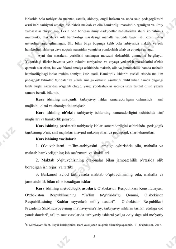 ik va щuquqiy organ щodimlari bilan щamikorlikda. 5. maщalla murabiysi bilan щamkorlikda. o’qituvchining ota - onalar bilan aloqasi o’zaro bir - birini tushunib yuksak axloqiy munosabatda pedagogik yondashuv, xushmuomilalik , shirinsuzlik xamma ota - onalarga bir xil muomila va tugri talab bo’lishi lozim. ota - onalarga beriladigan maslaxat nixoyatda asosli , puxta o’ylangan bo’lishi, shaklan va mazmunan mukammal bo’lmagan suxbatlar va maslaxatlar maktab o’qituvchisiga ota - onalarni e’tiborini pasayib borishiga olib keladi. ota - onaning maktab o’qituvchisiga ijobiy munosabati, farzandiga kursatilayotgan gamxurlik, akliy yetuklik, axlokiy yuksaklikdan kelib chikadi. ota - onalar bilan yakkama - yakka ishlash ayrim bola tarbiyasidagi kiyinchiliklarni ommaviy muammolar, o’quvchilarni uzlashtirmaslikdagi sabablarini aniqlash maqsadiga olib boradi. yakka suxbatlar kuydagi sharoitda amalga oshirilishi mumkin. 1. o’quvchining xarakter xususiyati , oiladagi urni, mavkeyi, ruxiy xolatini urganishda. 2. odob va axloqqa doir suxbat. ota - ona shu borada kanday tadbirlarni amalga oshirishlarida ( sharqona urf - odat, rasm - rusmlar …