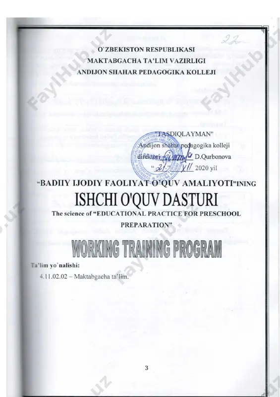katsiya usullarini; - ijodiy o`yinlar uchun qo`llanmalar tayyorlash usullarini; - rivojlantiruvchi markazlar uchun ko`rgazmalar tayyorlashni -tabiiy, tashlandiq materiallar va turli hom ashyolar bilan ishlash usullarini; - tolali materiallar va gazlamalar bilan ishlash usullarini; - loy va plastilin bilan ishlash usullarini; ko’nikmalar: - qog'oz va karton turlari bilan ishlash usullaridan foydalanib ijodiy ishlar bajarishni; - qog’ozdan buklash yo’li bilan o’yinchoq yasashni; -qog`ozni bo`yash turlari tеxnologiyasidan foydalanib ijodiy ishlar bajarishni; -harakatli o’yinchoqlar va qiziqarli ertak kitobchalar tayyorlashni; - rivojlanish markazlaridagi ta'limiy tarbiyaviy faoliyat va o`yinlar uchun jixozlar tayyorlashni; -tabiiy va tashlandiq materiallardan ijodiy ishlar bajarish. -loy va plastilin bilan ishlash usullarini mustaqil bajarish fanni o’qitishda foydalaniladigan zamonaviy axborot va pedagogik texnologiyalar. fanni o’qitishda zamonaviy axborot texnologiyalarni qo’llashda fanni o’zlashtirish uchun omil bo’ladigan zamonaviy axborot texnologiyalarning ahamiyati va o’rni beqiyosdir. o’quv jarayonini sifatli tashkil etish maqsadida axborot texnologiyalaridan foydalanish o’quvchilarning kasbiy tayyorgarligini oshirish va kasbiy ko’nikmalarini rivojlantirishda ham muhim omil bo’lib hisoblanadi. ta’lim …