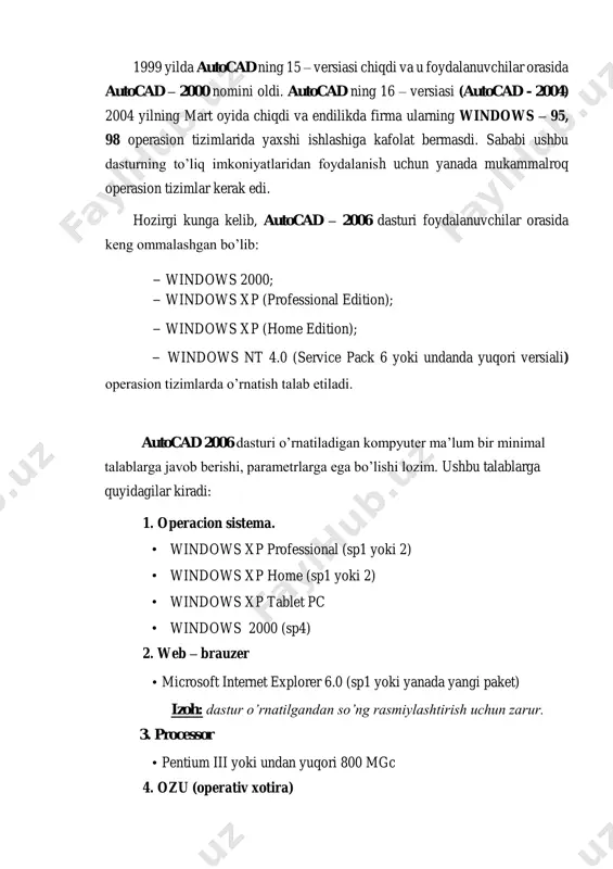 ira) • 512 mb (tavsiya etiladi) 5. video • 1024x768 vga, ranglar palitrasi true color (minimum) 6. qattiq disk (vinchester) • 500 mb o’ringa ega bo’lishi 7. ko’rsatish qurilmasi • sichqoncha «trecbol» yoki boshqalar 8. cd – rom • dasturni o’rnatish uchun, qaysi model bo’lishidan qat’iy nazar zarur autocad 2006 dasturini o’rnatishda quyidagi operasialar majmuasi bajariladi: 1. cd – rom qurilmasiga o’rnatuvchi disk qo’yiladi. 2. muloqot oynasi ishga tushadi va unda «ustanovka» (o’rnatish) ko’rsatkichi ochiladi. 3. «ustanovka» bo’limidan «avtonomnaya ustanovka» (avtonom o’rnatish) bandi tanlanadi. 4. «ustanovka autocad 2006» bo’limidan «ustanovka» tugmasi bosiladi. autocad 2006 ni ornatish ustasi «master ustanovki autocad 2006» ishga tushadi. 5. «ustanovka autodesk» saxifasidan dastur komponentlarini o’rnatish uchun «ok» tugmasi bosiladi. 6. autocad 2006 ni o’rnatish ustasi saxifasining dastlabki betida «dalee» (davom et) tugmasi bosiladi. 7. licenzion shartnoma rus tilida namoyon bo’ladi, uni o’qib qabul qilsangiz «i accept» yoki «prinimayu» (roziman) bandi tanlanadi va «dalee» tugmasi bosiladi. …