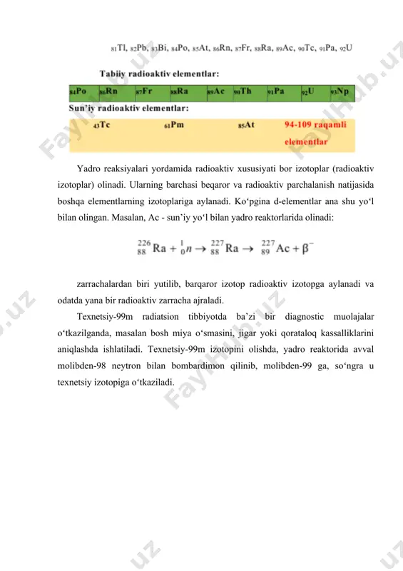 tarkibiga kirgan porfirin ix halqasini sintezlashda bevosita glitsin ishtirok etadi. shu sababli odam organizmiga oʻzida 157n saqlagan glitsin kiritilishi uning ma’lum bir qismini gem sintezida ishtirok etishi hisobiga porfirin tarkibiga kirishiga sabab boʻladi. natijada bir oy davomida porfirin halqasi tarkibida saqlangan azot 15 izotopining miqdori ortib boradi. keyin 2,5 oy davomida esa bu miqdor oʻzgarmay saqlanadi va shundan soʻng kamaya boshlaydi. bu hodisa yordamida eritrotsitning oʻrtacha yashash davri uch oyga yaqin ekani aniqlangan. patogen bakteriyalar, masalan salmonella, ichak tayoqchalari sababchi boʻladigan ovqatdan zaharlanishlar sogʻliqni saqlashda asosiy muammolardan boʻlib qolgan. ichak tayoqchalari mol goʻshti, meva sharbati, salat, don mahsulotlaridan o‘tib kasalliklarga olib keladi. nurlantirish texnologiyasi tibbiy anjomlarni sterillashtirishga o‘xshaydi. kobalt granulalari zanglamaydigan poʻlatdan yasalgan stellajlarga oʻrnatilgan trubkalarga joylashtiriladi. qator stellajlar orqali gamma-nurlar oʻtkazilganda, bakteriyalar halok boʻladi. bunday ishlov berilgan oziq-ovqat eskirmasligi va zararsizligini xoʻrandalar bilishlari va ogoh bolishlari shart, chunki nur oʻtkazilgan oziq-ovqat radioaktiv nur bilan ta’sirlashmaydi. ovqat orqali oʻtayotgan gamma …