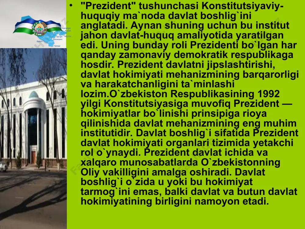 tisodiyot, ijtimoiy va ma’naviy sohalarning samarali faoliyat ko’rsatishiga, qonunlar ijro etilishiga, оliy mаjlisning boshqa qarorlari, o’zbekiston respublikasi pryezidyentining farmonlari, qarorlari va farmoyishlari bajarilishiga rahbarlikni ta’minlovchi o’zbekiston respublikasining ijro etuvchi hokimiyat organi hisoblanadi. o’zbekiston respublikasi vazirlar mahkamasi — o’zbekiston respublikasi hukumati; ijro etuvchi hokimiyatning markaziy organi. o’zbekiston respublikasi konstitutsiyasining xx bobida va "o’zbekiston respublikasi vazirlar mahkamasi to’g’risida" (1993 yil 6 may; yangi tahrirda 2003 yil 29 avgust)gi qonunda belgilangan. o’zbekiston respublikasi konstitutsiyasi va vazirlar mahkamasi konstitutsiyaga ko’ra, vazirlar mahkamasi iqtisodiyotning , ijtimoiy va ma`naviy sohaning samarali faoliyatiga rahbarlikni, o’zbekiston respublikasi qonunlari, oliy majlis qarorlari, o’zbekiston respublikasi prezidentining farmonlari, qarorlari va farmoyishlari ijrosini ta`minlaydi. vazirliklar, davlat qo’mitalari, idoralar hamda davlat va xo’jalik boshqaruvining boshqa organlari ishini muvofiqlashtiradi va yo’naltiradi. vazirlar mahkamasi tarkibiga: • o’zbekiston respublikasining bosh vaziri • o’zbekiston respublikasi bosh vazirning o’rinbosarlari • vazirlar • o’zbekiston respublikasi davlat qo’mitalarining raislari • davlat va xo’jalik boshqaruvi boshqa organlarining rahbarlari kiradilar bosh vazir: …