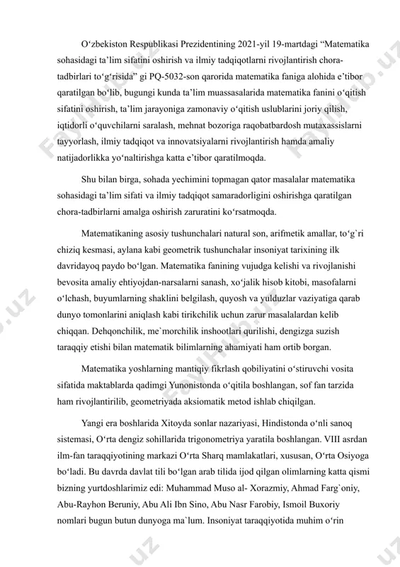 ni oʻrganish sohasidagi inqilobiy oʻzgarish matematikada ham oʻz aksini topdi. ayni paytda matematika yutuqlari bu oʻzgarishlar uchun zamin hozirladi. 1920-yildan oʻbekistonimizda matematikaning rivojlanishi uchun qulay sharoit vujudga keldi. oʻrta osiyo davlat dorulfununi (tosh.d.d) ochildi. bu davrda mamlakatimizda avvalroq shakllangan ehtimolliklar nazariyasi maktabi (v.i.romonovskiy, t.a.sarimsoqov, s.h.sirojiddinov, t.azlarov va b). differensial tenglamalar nazariyasi (i.s.arjanix, m.s.salohiddinov, n.yu.satimov, sh.a.alimov va b). matematik analiz (t.a.sarimsoqov, j.hojiyev, sh.a.ayupov va b). hisoblash matematikasi (v.qobulov, f.n.salihov, f.b.abutaliyev va b). sonlar nazariyasi (n.p.ramanov, a.f.lavrik va b). matematika tarixi (s.h.sirojiddinov, g.p.matvilvskaya va b). ilmiy maktablariga asos solindi. bugungi kunda matematikaning amaliy ahamiyati hech kimda shubha tug`dirmaydi. tabiat va jamiyat hodisalarini oʻrganishda benihoya imkoniyatga ega vositalardan biri- matematik modellashtirishdir. u turli jarayon bilan bog`liq noma`lumlarni topish, uning kelgusidagi tabiatni oldindan hisoblash imkonini beradi. matematikaning bu turli tatbiqi ayniqsa tabiatni muhofaza qilish, zilzila va boshqa tabiiy ofatlar bilan kurashishda muhim ahamiyatga ega. mavzuning dolzarbligi shundan iboratki, boshlang`ich sinfda og`zaki, yozma hisoblash qobiliyatlarini …