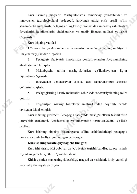 i o‘rganish. kurs ishining vazifasi 1.zamonaviy yondashuvlar va innovatsion texnologiyalarning mohiyatini ilmiy-nazariy jihatdan o‘rganish. 2. pedagogik faoliyatda innovatsion yondashuvlardan foydalanishning afzalliklarini tahlil qilish. 3. maktabgacha ta’lim mashg‘ulotlarida qo‘llanilayotgan ilg‘or tajribalarni o‘rganish. 4. innovatsion yondashuvlar asosida dars samaradorligini oshirish yo‘llarini aniqlash. 5. pedagoglarning kasbiy mahoratini oshirishda innovatsiyalarning rolini yoritish. 6. o‘rganilgan nazariy bilimlarni amaliyot bilan bog‘lash hamda tavsiyalar ishlab chiqish. kurs ishining predmeti: pedagogik faoliyatda mashg‘ulotlarni tashkil etish jarayonida zamonaviy yondashuvlar va innovatsion texnologiyalarni qo‘llash usullari. kurs ishining obyekti: maktabgacha ta’lim tashkilotlaridagi pedagogik jarayon va unda faoliyat yuritayotgan pedagoglar. kurs ishining tarkibi quyidagicha tuzilgan: kurs ishi kirish, ikki bob, har bir bob ichida tegishli bandlar, xulosa hamda foydalanilgan adabiyotlar ro‘yxatidan iborat. kirish qismida mavzuning dolzarbligi, maqsad va vazifalari, ilmiy yangiligi va amaliy ahamiyati yoritilgan. i bob rus pedagog-psixologlarining bolaning shaxs sifatida shakllanishi hamda tabiat bilan tanishtirish jarayoniga oid qarashlarini tahlil qilishga bag‘ishlangan. ii bobda esa olingan nazariy bilimlar asosida bolalarni tabiat …