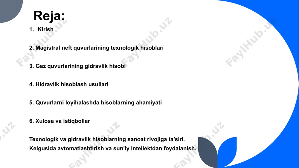 ligi va energiya iste’moli aniqlanadi, bu esa gaz tashishda yo‘qotishlarni minimallashtiradi. gaz quvurlarining gidravlik hisobi 6 gaz quvurlari uchun gidravlik hisoblar quyidagi usullar bilan amalga oshiriladi: darcy-weisbach tenglamasi: gaz oqimining qarshiligini aniqlash uchun. bernoulli tenglamasi: quvurda bosim va tezlik o‘zgarishlarini hisoblash uchun. fanning ishqalanish koeffitsienti: quvurning ichki yuzasi va gaz oqimi o‘rtasidagi qarshilikni hisoblash. bu usullar gazning fizik xususiyatlari va quvur tizimi parametrlari asosida qo‘llaniladi. gidravlik hisoblash usullari 7 magistral quvurlarni loyihalashda hisoblarning ahamiyati texnologik va gidravlik hisoblar magistral quvurlarni loyihalashning asosiy bosqichlaridan biridir. ushbu hisoblar yordamida quyidagilar aniqlanadi: quvurning optimal diametri va materiallari. nasos va kompressor stansiyalarining quvvati va joylashuvi. transport xarajatlari va energiya iste’moli. to‘g‘ri hisoblar orqali quvur tizimining samaradorligi oshiriladi va ekspluatatsiya xarajatlari kamaytiriladi. 8 xulosa magistral neft va gaz quvurlari uchun texnologik va gidravlik hisoblar sanoatning samaradorligini ta’minlashda muhim ahamiyatga ega. hisoblash jarayonlari energiya tejash, transport samaradorligini oshirish va quvur tizimining uzoq muddatli ishlashini ta’minlaydi. kelgusida …