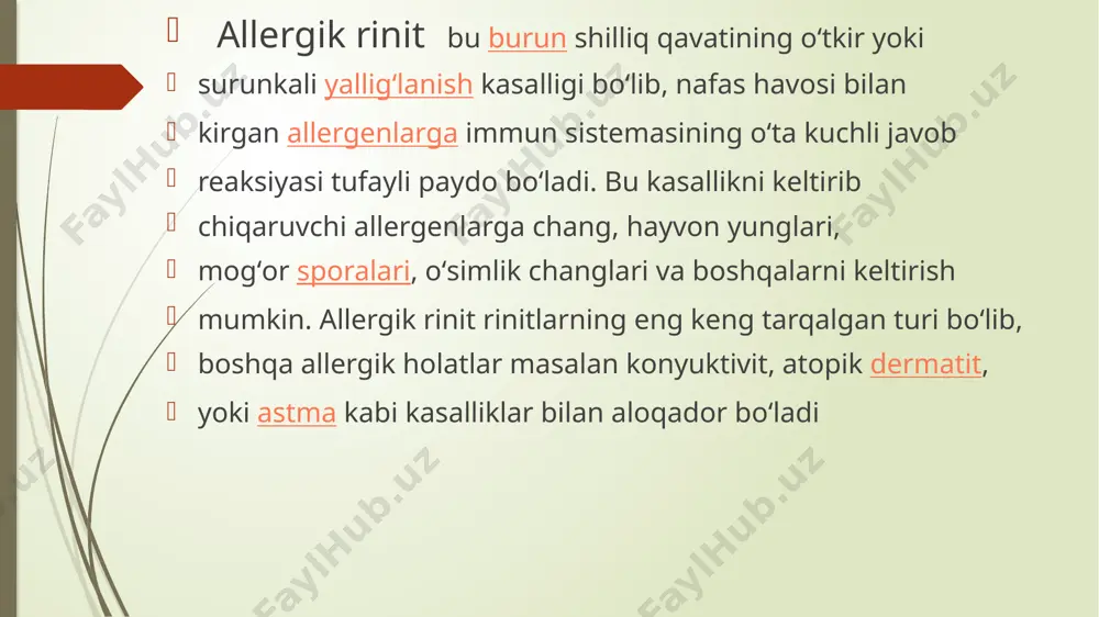 elgilari allergik rinit quyidagi belgilar bilan tavsiflanadi: tumov; burun bitishi; tez-tez aksirish; tomoqdagi qitiqlash hissi; davomli yo'tal xurujlari; ko'z qichishishi, ko`z yoshi ajralishining kuchayishi; ko`zlarning yorug'likka sezgirligi ortishi; hid bilish qobiliyatining yo`qolishi; diagnostika davolash uslubini aniqlash uchun allergolog-shifokor umumiy tekshiruvdan ot`kzagandan va bemor shikoyatini tinglagandan so'ng, quyidagi tekshiruvlar va tahlillarni tayinlaydi: qonning umumiy tahlili; qonda ig e tekshr burundan ajratilgan shilliq moddaning laboratoriya tekshiruvi; rinoskopiya; allergiya sababini aniqlash uchun provokatsion teri testlari. rentgenogramma komp tomografiya endoskop bn bakteriologik allergik rinitni davolash quyidagilarni o'z ichiga oladi: immunoterapiya; antigistamin dorilar; qon tomirlarini toraytiruvchi dorilar; hujayra membranasi stabilizatorlari; glyukokortikosteroidlar; davolovchi mashqlar; ingalyatsiya. sanatoriylar parhez kasallikni davolash paytida shifokor bemorga ma'lum bir parhezni belgilaydi, bu parhez quyidagi oziq-ovqatlarni iste'mol qilishni istisno qiladi: tovuq go`shti, tovuq tuxumi; mevalar (ayniqsa, sitrus mevalar); asal va u bilan bog`liq mahsulotlar; bo'yoqlar va oziq-ovqat qo'shimchalari bo'lgan yeguliklar va [ sosa sola g’anta va shunga o’xwaw ]. suyuqliklar profilaktika shifokorlar …