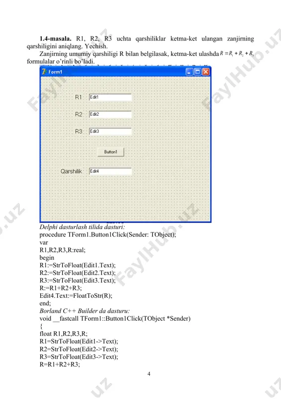 ida aniqlanadi. delphi dasturlash tilida dasturi: procedure tform1.button1click(sender: tobject); var b,n,q,s:real; begin b:=strtofloat(edit1.text); q:=strtofloat(edit2.text); n:=strtofloat(edit3.text); s:=(b*(1-exp(n*ln(q))))/(1-q); edit4.text:=floattostr(s); end; borland c++ builder da dasturu: void __fastcall tform1::button1click(tobject *sender) { float b,q,n,s; b=strtofloat(edit1->text); q=strtofloat(edit2->text); n=strtofloat(edit3->text); s=(b*(1-exp(n*ln(q))))/(1-q); edit4->text=floattostr(s); } 1.10-masala. uchta idishga suv solingan. idishlardagi suvning temperaturasi t1, t2, t3 ga teng, hajmi v1, v2, v3 (l) ga teng. idishlardagi suvni bitta idishga quyilsa, uning hajmi va temperaturasi qanday bo’ladi? yechish. idishlardagi suvni bitta idishga quyilsa, suvning hajmi va temperaturasi formulalar bilan aniqlanadi. delphi dasturlash tilida dasturi: procedure tform1.button1click(sender: tobject); var t1,t2,t3,t,v1,v2,v3,v:real; begin t1:=strtofloat(edit1.text); t2:=strtofloat(edit2.text); t3:=strtofloat(edit3.text); v1:=strtofloat(edit4.text); v2:=strtofloat(edit5.text); v3:=strtofloat(edit6.text); t:=(t1*v1+t2*v2+t3*v3)/(v1+v2+v3); v:=v1+v2+v3; edit7.text:=floattostr(t); edit8.text:=floattostr(v); end; borland c++ builder da dasturu: void __fastcall tform1::button1click(tobject *sender) { float t1,t2,t3,t,v1,v2,v3,v; t1=strtofloat(edit1->text); t2=strtofloat(edit2->text); t3=strtofloat(edit3->text); v1=strtofloat(edit4->text); v2=strtofloat(edit5->text); v3=strtofloat(edit6->text); t=(t1*v1+t2*v2+t3*v3)/(v1+v2+v3); v=v1+v2+v3; edit7->text=floattostr(t); edit8->text=floattostr(v); } 1.11-masala. berilgan sonning butun qismini aniqlang. yechish. a sonning butun qismini b bilan belgilasak, b=int(a) formula bilan aniqlanadi. delphi dasturlash tilida dasturi: procedure tform1.button1click(sender: tobject); var …