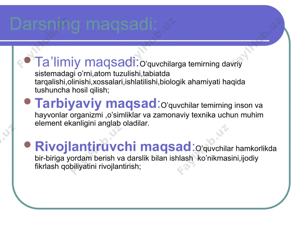 jmi 7,09 sm3; izotop soni 16 (4963); kimyoviy xossalari.havoda qizdirilganda temir oksidlari aralashmasini - temir kuyindisini hosil qiladi: 3fe  2o2  fe3o4 yoki feofe2o3 тemir qizdirilganda xlor, oltingugurt, uglerod, azot bilan reaksiyaga kirishadi: 2fe  n2  2fen temir (ii)- nitrid fe  s  fes temir (ii)-sulfid 3fe  c  fe3c temir karbid 2fe  3cl2  2fecl3 temir (iii)-xlorid 3fe  4h2o  fe3o4  4h2 nam havo va suvda temir korroziyaga uchraydi, yemiriladi, zanglaydi. zang -temir (iii)-gidroksiddan fe(oh)3 iborat, sarg‘ish-qo‘ng‘ir rangli tuzilma. g‘ovak, gaz va bug‘larni oson o‘tkazib yuboruvchi zang qatlami metallni yemirilishdan saqlay olmaydi: 4fe  6h2o  3o2  4fe(oh)3 metallarning faollik qatorida temir vodoroddan chap tomonda turadi.xlorid kislota va suyultirilgan sulfat kislotadan vodorodni siqib chiqaradi: fe  2hcl  fecl2  h2 fe  cuso4  feso4  cu ishlatilishi. temir boshqa elementlar orasida inson uchun eng katta ahamiyatga ega metalldir.zamonaviy texnikaning …