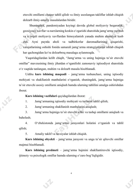 – korxona va tashkilotlar foydasining bir qismini reinvestitsiya qilish, modernizatsiya, rivojlanish yoki xavfsizlik yostig‘i sifatida jamg‘arishi. bu korxonaning moliyaviy barqarorligini va uzoq muddatli raqobatbardoshligini ta’minlaydi. 3. davlat jamg‘armasi – davlat darajasida byudjet ortig‘i yoki maxsus fondlar (masalan, pensiya jamg‘armasi, zaxira fondlari) shaklida yig‘iladigan mablag‘lar. bu jamg‘armalar iqtisodiy barqarorlikni saqlash, favqulodda vaziyatlarga tayyorgarlik ko‘rish yoki strategik sohalarni qo‘llab-quvvatlash uchun ishlatiladi. jamg‘armaning iqtisodiy mohiyati uning vaqt omilidagi qiymatiga ham bog‘liq: bugun iste’moldan voz kechish evaziga kelajakda yanada katta qiymatga ega bo‘lish maqsad qilinadi. bu esa moliyaviy rejalashtirish, risklarni boshqarish, va sarmoyaviy faoliyat orqali amalga oshiriladi. shuningdek, jamg‘armalar majburiy va ixtiyoriy ko‘rinishda bo‘lishi mumkin. majburiy jamg‘armalar, odatda, davlat tomonidan soliqlar yoki majburiy badallar orqali amalga oshirilsa, ixtiyoriy jamg‘armalar esa individ yoki tashkilotning o‘z istagiga ko‘ra yig‘iladi. yuqoridagilardan kelib chiqib, jamg‘arma faqatgina oddiy “pulingni tejab qo‘yish” degan tushunchadan ancha kengroq va murakkabroq bo‘lib, u butun iqtisodiy tizimda muhim barqarorlashtiruvchi rol o‘ynaydi. uning mavjudligi ishlab …