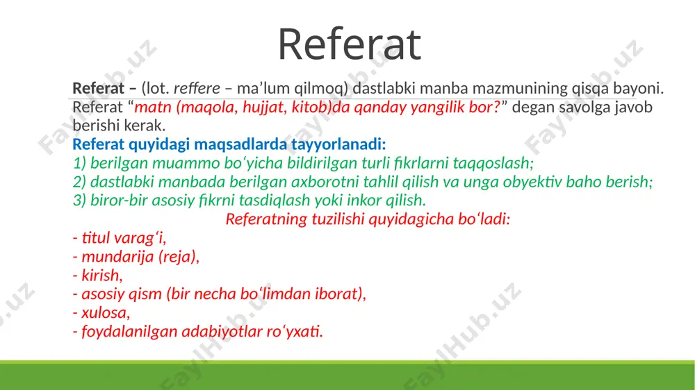 mmolar, asarning g‘oyaviy-badiiy xususiyatlari, muallif ijodida, adabiyotda tutgan o‘rni haqida ma’lumot bo‘ladi; asarga baho beriladi, uning asosiy fazilatlari va nuqsonlari qayd qilinadi. taqriz asosan keng kitobxonlar ommasi uchun mo‘ljallanadi, ularni yangi asarlardan ogoh qiladi, zarurini tanlab olishga ko‘maklashadi. ilmiy ishga beriladigan taqrizda quyidagi jihatlar yoritiladi: 1. ilmiy ish mavzusining dolzarbligi. 2. tadqiqotning yangiligi va ilmiy ishning ilmiy-amaliy natijalarini asoslab berishi. 3. ilmiy ishning amaliyot uchun ahamiyati. 4. ilmiy ish mazmuni va uning tugallaganligi darajasi. 5. olib borilgan tadqiqotning ilmiy va amaliy qiymati. 6. ilmiy ishning (magistrlik, nomzodlik) ilmiy ishlari talablariga mosligi. taqriz hajmi odatda 3-5 betdan iborat bo‘lib, taqrizchining shaxsiy imzosi qo‘yiladi, berilgan sana va ro‘yxatga olinganlik raqami ko‘rsatiladi. taqrizchi imzosi u ishlaydigan tashkilot tomonidan muhr bilan tasdiqlanishi shart. bitiruv malakaviy ishi bitiruv malakaviy ishi oliy ta’lim muassasasi bakalavriatida talabalarni o‘qitishning yakuniy bosqichida tayyorlanadigan ishdir. bitiruv malakaviy ishi quyidagi maqsadlarda yoziladi: -taʼlim bo‘yicha nazariy va amaliy bilimlarni mustahkamlash va kengaytirish; …