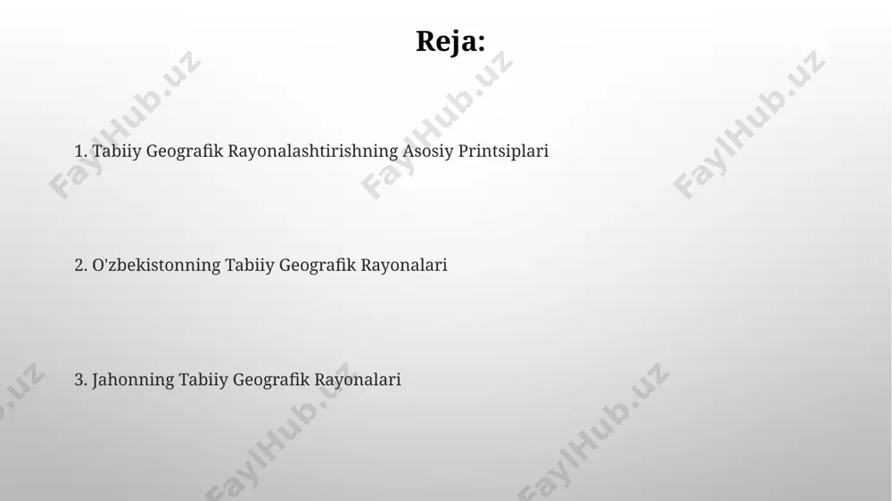 ining tuzilishi va iqtisodiy rayonlarning ixtisoslashuviga ta'sir qiladi. mineral resurslarning geografik joylashuvi (masalan, 70% gaz qazib olish shimoliy hududda) iqtisodiy rayonlashtirishda muhim rol o'ynab, maxsus sanoat zonalarining shakllanishiga ta'sir ko'rsatadi. tabiiy resurslar va ularning taqsimlanishi neft va gaz kabi qazilma boyliklarning zaxiralari geologik davrlar davomida hosil bo'lgan bo'lib, ularning taqsimlanishi tektonik plitalarning harakati bilan bog'liq. dunyo miqyosida 200 dan ortiq davlatning 30% dan ko'prog'i suv resurslari tanqisligidan aziyat chekmoqda, bu o'simlik va hayvonot dunyosi uchun xavf tug'diradi. relyef va iqlimning ta'siri relyefning balandligi iqlimning harorat va yog'in miqdoriga sezilarli ta'sir ko'rsatadi, masalan, har 100 metr balandlik uchun harorat 0.6°c ga kamayadi. tog'li hududlarning yon bag'irlari quyosh nurlarining turli burchak ostida tushishi tufayli, shimoliy va janubiy yon bag'irlarda 20% gacha farq qiluvchi mikroiqlim zonalari hosil bo'ladi. e'tiboringiz uchun rahmat @taqdimot_robot image3.png image4.jpg image5.jpg image6.jpg image7.jpg image8.jpg image9.jpg image10.jpg image1.png