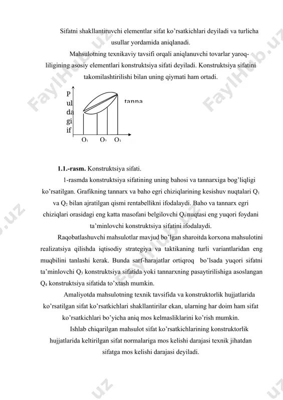 ilan uning qiymati ham ortadi. baµo tannarx q1 q2 q3 q4 puldagi ifodasi 1.1.-rasm. konstruktsiya sifati. 1-rasmda konstruktsiya sifatining uning bahosi va tannarxiga bog’liqligi ko’rsatilgan. grafikning tannarx va baho egri chiziqlarining kesishuv nuqtalari q1 va q2 bilan ajratilgan qismi rentabellikni ifodalaydi. baho va tannarx egri chiziqlari orasidagi eng katta masofani belgilovchi q0 nuqtasi eng yuqori foydani ta’minlovchi konstruktsiya sifatini ifodalaydi. raqobatlashuvchi mahsulotlar mavjud bo’lgan sharoitda korxona mahsulotini realizatsiya qilishda iqtisodiy strategiya va taktikaning turli variantlaridan eng muqbilini tanlashi kerak. bunda sarf-harajatlar ortiqroq bo’lsada yuqori sifatni ta’minlovchi q3 konstruktsiya sifatida yoki tannarxning pasaytirilishiga asoslangan q4 konstruktsiya sifatida to’xtash mumkin. amaliyotda mahsulotning texnik tavsifida va konstruktorlik hujjatlarida ko’rsatilgan sifat ko’rsatkichlari shakllantirilar ekan, ularning har doim ham sifat ko’rsatkichlari bo’yicha aniq mos kelmasliklarini ko’rish mumkin. ishlab chiqarilgan mahsulot sifat ko’rsatkichlarining konstruktorlik hujjatlarida keltirilgan sifat normalariga mos kelishi darajasi texnik jihatdan sifatga mos kelishi darajasi deyiladi.