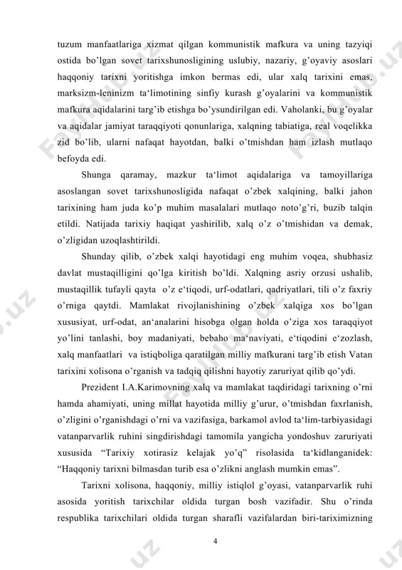 boshqaruv siyosati va uning mohiyati tarixiga doir bir qator ishlar chop etildi. mavzuga doir qimmatli ma’lumotlarni mustaqillik davrida yaratilgan va qayta nashr qilingan tarixiy asarlarga asoslanib yoritishga harakat qilingan2. jumladan, o’zbekiston ovozi, ulug’ turkiston, jamiyat va boshqaruv kabi gazeta va jurnallarida ham mavzuga doir maqolalar chop etilgan bo’lib, bu o’z navbatida mavzuni bayon etish uchun qimmatli manba bo’lib xizmat qiladi3 o’zbekistonda zamonaviy boshqaruv siyosati va uning mohiyati mavzusini barcha jihatlari kompleks holatda o‘rganilayotganligi e’tiborga olinsa, ushbu mavzuning tarixiylik va haqqoniylik yuzasidan o‘rganish zaruriyati eng avvalo bugungi kun talabi ekanligi yaqqol namoyon bo‘ladi. ishning maqsad va vazifalari. o’zbekistonda zamonaviy boshqaruv tizimining tarixiy-madaniy asoslarini o’rganish, ma’naviy-ma’rifiy jihatlari va uni tahlil qilish mavzuga doir tegishli xulosalar chiqarish mazkur ishning asosiy maqsadi qilib belgilandi. ishni amalga oshirish uchun quyidagi vazifalar qo’yildi: – boshqaruv tizimining tarixiy-madaniy asoslarini o’rganish; – o’zbekistonda boshqarishning shakllanishi va keyingi tarixiy davrlarda rivojlanishini asoslash; – mustaqillik yillarida zamonaviy boshqaruv tizimining yo’lga …