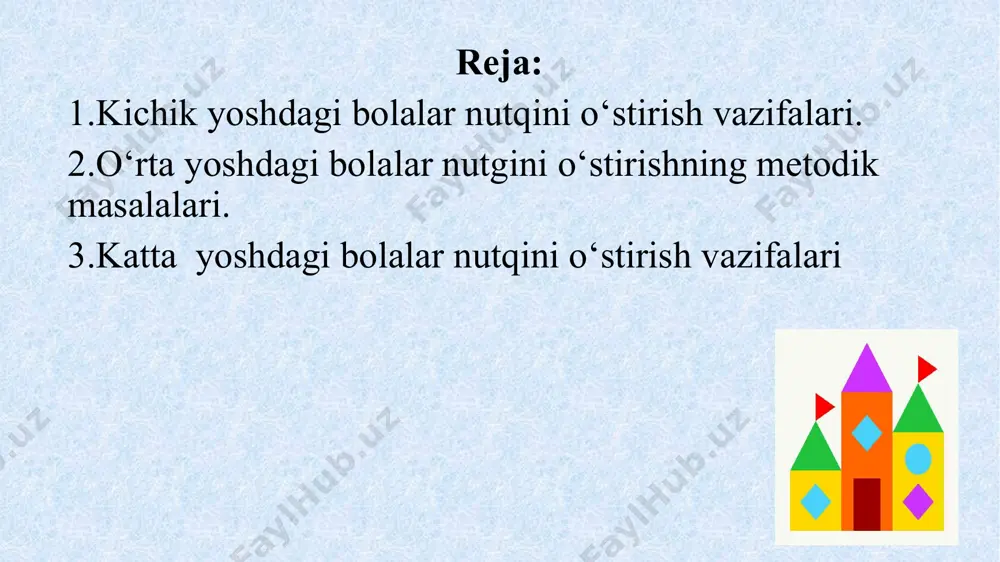 faoliyat (rasm chizish, narsa yasash, tuzish va h.k.) ishtirokchisi, o‘yindagi sherik sifatida qolaveradi. bola tengdoshiga eng oddiy talablar, iltimoslar bilan murojaat qiladi va tengdoshining harakatiga baho beradi. besh yoshli bolalar tengdoshlarining hadeb u yoki bu narsani so‘rab, jonga tegishini salbiy baholaydi. besh yoshga kelib, tengdoshlari bilan muloqotga va ular bilan bolalar jamiyatini vujudga keltiradigan birgalikdagi o‘yinlarga bo‘lgan ehtiyoj keskin ortadi. bola hayotining beshinchi yiliga kelib, u o‘z tengdoshlari o‘rtasida o‘z o‘rnini anglay boshlaydi. kommunikativ qo‘nikma rivojlanadi: bola salomlashadi va xayrlashadi, do‘stini ismini aytib chaqiradi, to‘rt-besh yoshlarga kelib – sherigini u o‘ynayotgan rol nomi bilan chaqiradi («hoy, shofyor, arqon g’ildirakning tagiga tushib ketdi»). uch yashar bola nutqini rivojlantirishga oid vazifalar: bolaning imkon doirasi va undan tashqaridagi nutq vositalari bilan faol muloqotga kirishishi, kattalarning savol va takliflariga javob berishi, o‘z istak-xohishlari, hissiyotlari, fikrlarini ifoda qilgan holda tashabbus ko‘rsatib fikr bildirishga intilishini qo‘llab- quvvatlang; tengdoshlari ishlariga qiziqishi, o‘z taassurotlarini ular bilan o‘rtoqlashishni istashi, …