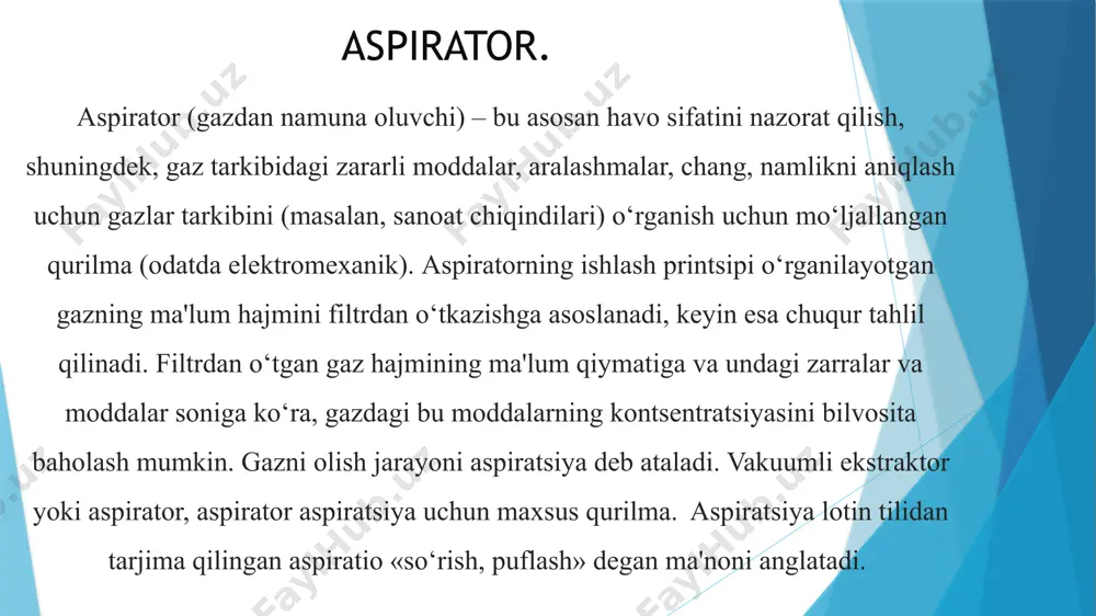 rilgan shovqinga xalaqit beradi. stomatologiya klinikalari uchun markazlashtirilgan aspiratorlar qo‘llaniladi. bu shkaflarga ajratilgan ko‘p sonli uzun quvurlarga ega butun tizim. qurilmaning shovqinli qismi texnik xonada joylashgan. bunday o‘rnatishlar bir vaqtning o‘zida bir nechta stomatologlar tomonidan qo‘llaniladi. bemorlarning og‘iz bo‘shlig‘idan pompalanadigan tupurik va qon ajratgichga kiradi va birlashadi. aspirator pompalanadigan biologik suyuqliklarni kanalizatsiya yoki saqlash tankiga tushirishni ta'minlashi mumkin. ikkinchisi, ish smenasining oxirida uzilib, kanalizatsiyaga quyilishi kerak bo‘lgan tankdir. o‘rnatishni boshqaradigan yordamchi uchun bu tabiiy ravishda kamroq qulay va gigienik hisoblanadi. biroq, xonada tegishli kommunikatsiyalar bo‘lmasa, bu ofisni qayta jihozlashni talab qilmaydigan eng oddiy echimdir. dental aspiratorlar uchta asosiy turdagi generatorlar bilan jihozlanishi mumkin: havo oqimi. havo-vakuum. suv vakuum. havo oqimi qurilmasida assimilyatsiya yuqori bosimdagi havoni valf orqali o‘tkazish orqali sodir bo‘ladi. natijada, huni kabi, suyuqlik bilan birga assimilyatsiya orqali tashqi havoni ham tortadi. ushbu texnik yechim arzon va individual o‘rnatishlarda qo‘llaniladi. jarrohlik aspiratori. ushbu turdagi qurilma operatsiyalar paytida biologik suyuqliklarni …