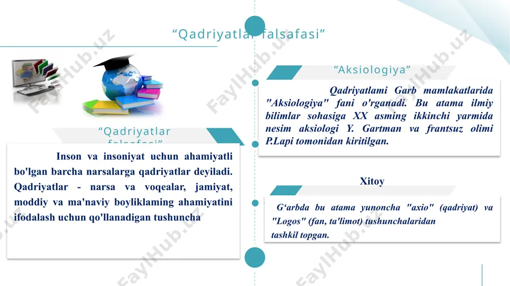 adriyatlar – bu o‘z ahamiyatiga ko‘ra eng yuksak darajada turuvchi, odamlarning fundamental munosabatlari va ehtiyojlarini aks ettiruvchi qadriyatlardir. kundalik hayot va ehtiyojlar bilan bog‘liq bo‘lgan qadriyatlar. insonning moddiy va ma’naviy ehtiyojlarini qondirish, jamiyatning normal faoliyat ko‘rsatishi va rivojlanishini ta’minlash uchun zarur bo‘lgan qadriyatlardir. 01 02 03 04 jamiyat va inson hayotida qadriyatlarning roli. oliy qadriyatlarning mavjudligi doimo individning shaxsiy hayoti chegarasidan chetga chiqish bilan bog‘liq. ular individni uning o‘zidan yuksak bo‘lgan, uning hayotini belgilaydigan, uning taqdiri uzviy bog‘liq bo‘lgan narsalar bilan oshno etadi. inson hayoti uchun zarur bo‘lgan fundamental qadriyatlar (tabiiy boyliklar, moddiy yashash sharoitlari – turar joy, oziq-ovqat mahsulotlari, sog‘liqni saqlash va sh.k.) va insonning ijtimoiy mohiyatiga, uning ma’naviy tabiatiga bog‘liq bo‘lgan oliy qadriyatlar yotadi. ikkinchi guruhga esa ma’naviy qadriyatlar kiradi. qadriyatlarning birinchi guruhi insondan tashqarida yotuvchi maqsad bilan belgilanadi, ikkinchi guruh ichki asosga ega birinchi guruhga moddiy (utilitar) qadriyatlar 01 02 03 04 qadriyatlar ierarxiyasi. inson ma’naviyati uchta: …