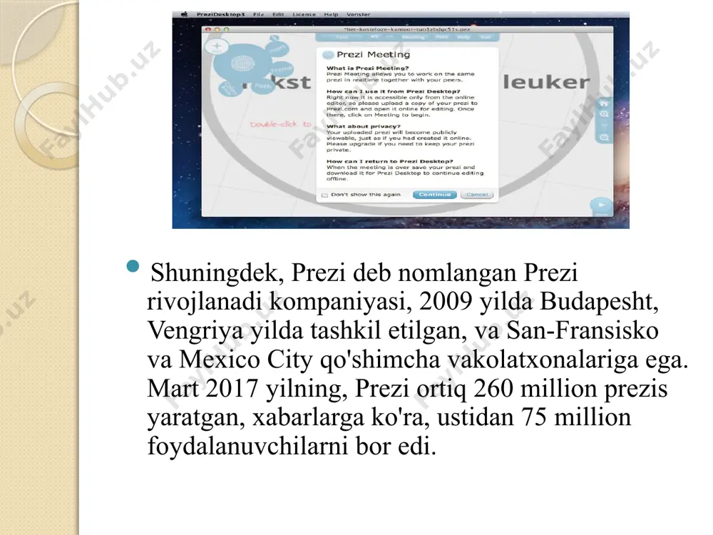 li "so'zlashuv qilsin" [11] prezi beradi axborot organik ketishini aniqlash uchun, 2015 yilda kompaniya tomonidan kashf etildi. boshlovchilari o'z mazmun etkazib berish tartibini moslashtirish imkon berib, bu usul savollar va xavotirlar, balki bir buyruq fayli yo'liga ko'ra ko'proq, ular paydo bo'lib murojaat qilish imkonini beradi. daromad modeli. prezi freemium modelini foydalanadi. mahsulotning bepul jamoat litsenziya turini foydalanib yaratilgan taqdimotlar prezi ustida paydo bo'ladi. ko'rishi com sayti. taqdimotlar maxfiylik sozlamalarini nazorat mumkin bahramand, pro, yoki pro plus litsenziya uchun to'lov mijozlar. pro va pro plus foydalanuvchilar bilan aloqa reja, beradi prezi ish stoli ilovasi, foydalanish imkoniyatiga ega. prezi ham ta'lim va tarbiyachilar uchun litsenziya, shuningdek, jamoalar uchun maxsus mo'ljallangan prezi biznes taklif etadi. tanqid va erkin. prezi taqdimotlar ba'zi elementlar nogiron foydalanuvchilar uchun ekran o'quvchi orqali ovoz chiqarib o'qib bo'lmaydi. image2.png image3.png image4.jpeg image5.png image6.png image7.png image8.jpeg image9.jpeg /docprops/thumbnail.jpeg