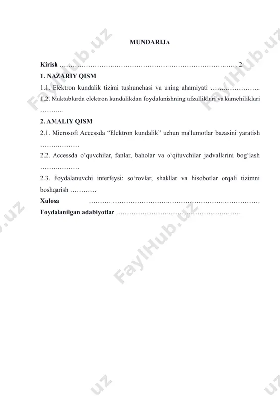 alanilayotgan ayrim elektron kundalik tizimlari murakkabligi yoki yuqori xarajat talab qilishi sababli hamma ta’lim muassasalarida birdek joriy etilmagan. shuning uchun sodda, qulay va mahalliy sharoitga mos dasturiy yechimlarga ehtiyoj katta. ushbu loyiha — microsoft access dasturi asosida yaratilgan elektron kundalik modelini ishlab chiqishga qaratilgan bo‘lib, o‘zining amaliy soddaligi va foydalanish qulayligi bilan alohida ahamiyatga ega. loyiha maqsadi loyihaning asosiy maqsadi — maktab o‘quvchilarining baholari, davomat holati, fanlar va o‘qituvchilar haqidagi ma'lumotlarni saqlovchi va boshqaruvchi elektron kundalik tizimi loyihasini yaratishdir. tizim sodda, tushunarli va kichik maktablar uchun ham qulay bo‘lishi lozim. loyiha vazifalari mazkur maqsadga erishish uchun quyidagi vazifalar belgilandi: · elektron kundalik tizimining nazariy asoslarini o‘rganish; · mavjud tizimlarning afzallik va kamchiliklarini tahlil qilish; · microsoft access dasturida ma'lumotlar bazasi loyihasini yaratish; · o‘quvchilar, fanlar, baholar, o‘qituvchilar va davomatga oid jadvallarni yaratish va bog‘lash; · so‘rovlar (query), shakllar (form) va hisobotlar (report) orqali foydalanish imkoniyatlarini tashkil qilish; · tizimni sinovdan …
