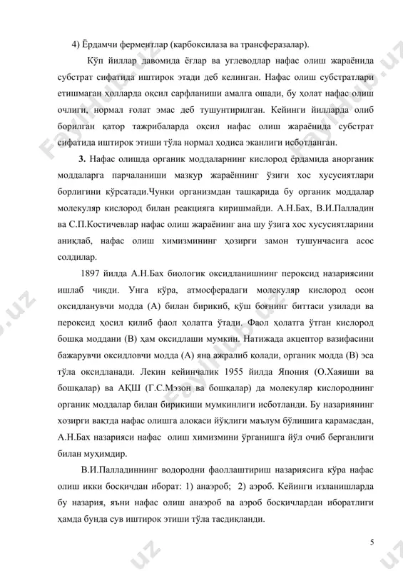 емис биокимёгари г.виланд ҳам биологик оксидланиш водороднинг ажратиб олиниши билан боғлиқлигини кўрсатган эди. нафас олишда сувнинг иштирок этиши ва кислород водороднинг охирги акцептори эканлиги 1955 йилда б.б.вартапетян ва л.а.курсановлар тажрибасида орқали исботланди. нафас олишнинг дастлабки кислород талаб этилмайдиган анаэроб босқичида глюкоза парчаланиб, сарфланишини ҳисобга олиб, бу цикл гликолиз цикли деб юритилади. гликолиз циклидаги реакциялар цитоплазмада содир бўлади. бу цикл содир бўлгунча нафас олиш субстратларинингш глюкозагача парчаланиши содир бўлади. сўнгра глюкоза кислородсиз муҳитда цитоплазмада гликолиз ходисаси натижасида пироузум кислотасини ҳосил қилади. бу жараённинг аэроб шароитда ҳам содир бўлиши аэроб ва анаэроб нафас олиш ўртасидаги генетик боғланиш мавжудлигини исботлайди. гликолиз жараёнида ажралиб чиққан умумий фойдали энергия саккиз молекула атф га тенг бўлади. ҳар бир атф нинг энергияси 10 ккал деб ҳисобласак, уҳолда гликолиз жараёнида ажралиб чиққан энергиянинг умумий миқдори 80 ккал.га тенг бўлади. нафас олишнинг асосий иккинчи босқичида пироузум кислота карбонат ангидрид билан сувга тўлиқ парчаланади. бу жараён аэроб шароитда амалга ошиб, …