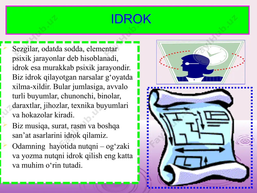rmas, haqiqiy odamlardek ko`rinadi, aslida ko’z to’r pardasiga uzoqdagi narsalarning aksi kichik bo`lib tushadi. yoki yuqori etajdan turib pastga qarasak odamlar, mashinalar juda kichik bo`lib ko’rinadi, lekin biz ularni o’z holicha idrok qilamiz. , , 9 appertseptsiya yuqorida bayon qilinganlardan ma’lumki,odamning tajribasi,bilimi,xayol va tafakkurining faoliyati,hissiyot va diqqati,umuman odam psixikasining hamma mazmuni idrokda namoyon bo`ladi. bu psixik hayotning idrokda aks etuvchi va idrokka ta’sir ko`rsatuvchi mazmuni appersepsiya deb ataladi. ayni bir narsa yoki hodisani ayrim kishilarning idrok etishida ko`rinadigan ba’zi xususiyatlar appersepsiya bilan belgilangan bo`ladi. bu xususiyatlar odamning tajribasi va bilimlariga bog`liq xususiyatlardir. kishilar ayni bir narsa yoki hodisani yoshlari, ma’lumoti, turmush tajribasi, kasbi,temperament,xarakter, qobiliyat va qiziqishlarida ko`rinadigan shaxsiy xususiyatlariga qarab har xil idrok etadilar. , , 10 idrok turlari 11 idrok turlari vaqtni idrok qilish fazoni idrok qilish harakatni idrok qilish idrok jarayoni ikki xil bo'ladi 12 ixtiyoriy va beixtiyoriy idrok . oldindan belgilangan maqsadga qarab muayyan bir oyu'yektni idrok …