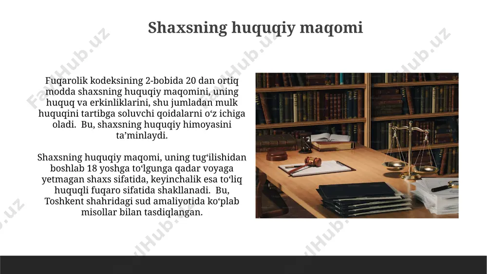 l) mulkiy huquqlarni 1-bo‘limida, 100 dan ortiq moddalar orqali tartibga soladi, bu yerda mulkchilik, egalik, meros va boshqa huquqiy munosabatlar aniq belgilangan. mulkiy huquqlarga oid nizolar toshkent shahar sudlarida ko‘rib chiqiladi, 2022-yil statistikasiga ko‘ra, bunday ishlar soni 5000 dan oshgan, bu esa sud tizimiga yuklamani ko‘rsatadi. fuqaro sifatida huquqiy muomalaga layoqat o'zbekiston respublikasining toshkent shahrida joylashgan sudlar, fuqarolar orasida kelib chiqqan nizolarni hal qilishda, ularning huquqiy layoqatiga va tegishli qonun hujjatlariga muvofiq qarorlar qabul qiladi, shuningdek, 5 yoshgacha bo'lgan bolalarga nisbatan huquqiy vakolatni belgilaydi. fuqarolik huquqiy munosabatlarida 18 yoshga to'lgan shaxslar to'liq huquqiy layoqatga ega bo'lib, mustaqil ravishda shartnomalar tuzishi va o'zbekiston respublikasi hududida mol-mulk egaligiga ega bo'lishi mumkin. fuqarolik huquqining himoyasi fuqarolik huquqining himoyasi o‘zbekiston respublikasining konstitutsiyasi 26-moddasi bilan kafolatlanib, 200 dan ortiq qonun hujjatlari orqali amalga oshiriladi, jumladan, toshkent shahri sudlarida 1000 dan ziyod fuqarolik ishlari ko‘rib chiqiladi. fuqarolik huquqining samarali himoyasi uchun o‘zbekiston respublikasi hududida 15 ta …