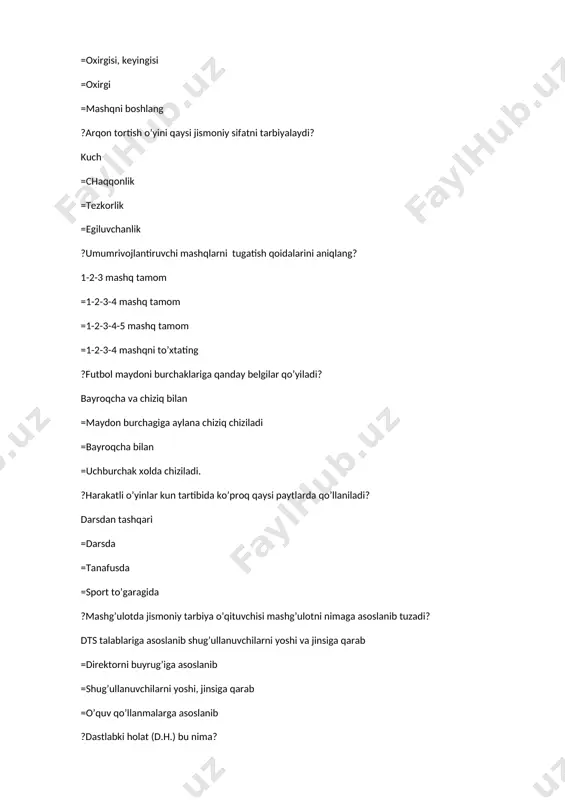 bukilgan holatini aniqlang? dastlabki holat qo’llar bosh orqasida, belda va yelkada =qo’llar yonda =qo’llar yuqorida =qo’llar pastda ?harakatli o’yinlar qanday tabaqalashtiriladi? yoshiga binoan =sinfiga binoan =harakat me`yoriga binoan =nomiga qarab ?gimnastikaning ta’lim rivojlantiruvchi turlariga nimalar kiradi? asosiy va atletik gimnastika, ayollar gimnastikasi hamda ixtisoslashgan amaliy gimnastika =ritmik gimnastika, sport, badiy gimnastika =korxona gimnastikasi, egg, urm =ritmik gimnastika, korxona gimnastikasi ?saf mashqlari yordamida qanday vazifalar xal etiladi? ohangni va tempni sezish, jamoa bo’lib harakatlanishda intizomni, xamjixatlikni tarbiyalash, qomatni to’g’ri shakllantirish =ohangni sezish, jismoniy sifatlarni tarbiyalash, xarakat malakalarini egallash =intizomni tashkil qilish, jismoniy sifatlar, sog’lomlashtirish =xarakat malakalarini va qomadni to’g’ri shakllantirish, xamjixatlilikni tarbiyalash ?bo’ron, quloq cho’zma o’yinlari qaysi jismoniy sifatni tarbiyalaydi? chidamlilik =tezkorlik =egiluvchanlik =chaqqonlik ?basketbolda mehmon jamoasi taklif qilgan to’pni o’yin uchun katta hakam tanlashi mumkinmi? o’yin uchun maydon hakami to’pni tanlaydi =maydon egasi tanlagan to’p bilan o’ynaladi =mehmon jamoasi tanlagan to’p bilan o’ynaladi =razminka paytida ishlatilmagan to’p tanlanadi ?figurali yurish …