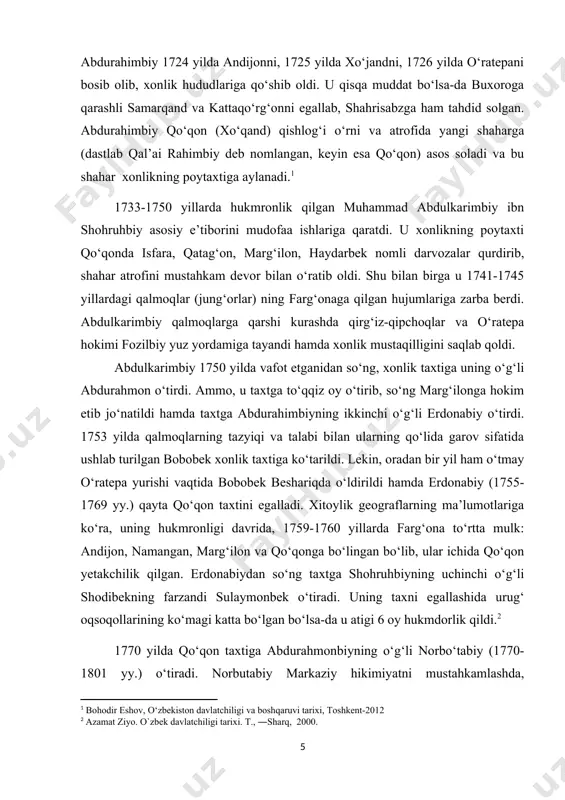 shlab (1805 yil) hukmdorlar rasman “xon” deb yuritila boshlandi.[footnoteref:5] [5: sh.vohidov. qo`qon xonligida unvon va mansablar ―sharq yulduzi, t., 1995] o‘z davrida olimxon harbiy yurishlar qilib o‘ziga yangi viloyatlarni, jumladan ohangaron vohasi, toshkent, chimkent, turkistonni bo‘ysundirishga muvaffaq bo‘ldi. qisqa muddat o‘ratepani ham egalladi, jizzax va zominga yurishlar qildi. harbiy islohatlar o‘tkazib, markazlashgan va kuchli davlat tuzish uchun harakat qilayotgan olimxonning siyosatidan norozi bo‘lgan ayrim zodagonlar guruhi unga qarshi fitna tayyorlay boshladilar. olimxon o‘z hokimiyatini mustahkamlash maqsadida ukasi rustambekni, bir nechta sarkardalarni, din peshvolarini o‘ldirtirib yuboradi. manbalarning ma’lumot berishicha, bu voqealardan so‘ng kuchayib ketgan fitnachilarga olimxonning ukasi umarbek boshchilik qilgan. natijada, 1810 yilda olimxon toshkentdan qo‘qonga qaytayotganda, oltiqush mavzesida o‘g‘li shohruhbek bilan birga qambar mirza tomonidan otib o‘ldiriladi. manbalarga ko‘ra, umarxon (1810-1822 yy.) hukmdorligi davrida yirik yer egalari, harbiy sarkardalar va ruhoniylarning mavqeyi yanada oshadi. u davlat boshqaruvi ishlarida izchil tartib, qonun – qoidalar o‘rnatdi va diniy ishlarni tartibga soldi. natijada, …