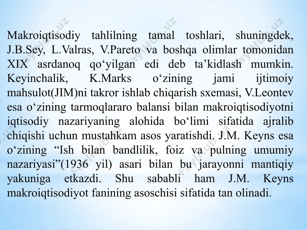 akroiqtisodiy tahlil asosini tashkil etadi. faqat xususiy mulkka tayangan (ya’ni davlat ishtiroki mavjud bo‘lmagan) yopiq iqtisodiyotda bunday doiraviy oqimi firmalar va uy xo‘jaliklari o‘rtasida amalga oshiriladi uy xo‘jaliklari ishlab chiqarish uchun zarur bo‘lgan barcha iqtisodiy resurslarni resurslar bozoriga etkazib beradilar, korxonalar esa bu resurslarni sotib olib turli xil mahsulotlarga, xizmatlarga aylantiradilar, so‘ngra esa ularni tayyor mahsulotlar va xizmatlar bozoriga etkazib beradilar. ayni paytda “resurslar - tovarlar va xizmatlar” oqimiga qarama qarshi yo‘nalishda “daromadlar - xarajatlar”ning ham doiraviy oqimi amalga oshiriladi. ya’ni, uy xo‘jaliklari o‘zlari etkazib bergan iqtisodiy resurslar evaziga daromad oladi hamda ularni tovarlar va xizmatlar iste’mol qilish uchun sarflaydilar yoki aksincha korxonalar resurslar uchun sarf-xarajatlar qiladilar hamda tayyor mahsulotlarni sotish evaziga daromad oladilar. “makroiqtisodiyot” fani umumiy iqtisodiy nazariyaning ikki muhim bo‘limidan biri bo‘lib, iqtisodiyotni bir butun holda o‘rganadi va ishsizlik, inflatsiya, iqtisodiy o‘sish, to‘lov balansi barqarorligi, davlat budjeti, davlat qarzi kabi hozirgi zamon iqtisodining barcha muhim muammolarini tadqiq qiladi. …