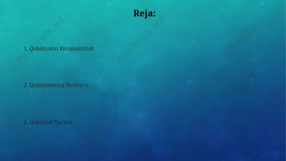 ntellektual (mantiqiy fikrlash, muammo yechish), jismoniy (kuch, tezlik, chidamlilik) va ijtimoiy-emotsional (kommunikatsiya, empatiya) ko'nikmalarini o'z ichiga olgan holda bo'lish mumkin. ularning har biri 10 dan ortiq kichik ko'nikmalardan tashkil topgan. qobiliyatlarning rivojlanishi yoshiga bog'liq: 5 yoshgacha asosan motor qobiliyatlari, 10 yoshdan keyin esa abstrakt fikrlash va muhim qarorlar qabul qilish qobiliyatlari rivojlanadi. bu jarayon genetika va atrof-muhit ta'siriga bog'liq. qobiliyat nima? qobiliyatni 3 ta asosiy komponent – sezgirlik, idrok etish va amaliy qoʻllash orqali baholash mumkin, har biri 0 dan 10 gacha ball bilan oʻlchanadi. genetik omillar va atrof-muhit ta’siri qobiliyat rivojlanishiga 70/30 nisbatida ta’sir qiladi, ya’ni genetika muhimroq rol oʻynaydi. qobiliyat – bu insonning ma’lum bir vazifani bajarish yoki muammoni hal qilish uchun zarur boʻlgan 5 dan ortiq koʻnikma va bilim darajasini ifodalovchi kompleks xususiyatdir. e'tiboringiz uchun rahmat @taqdimot_robot image3.png