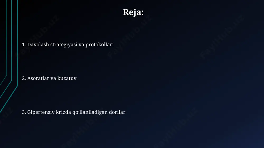 robar kamaytirish uchun tezkor diagnostika va intravenöz dorilarni qo'llash kabi tez tibbiy yordam chora-tadbirlari zarur. bu, o'z vaqtida davolashni ta'minlaydi. tez tibbiy yordam xizmati, taxminan 70% hollarda, gipertenziv krizni boshqarishda samaradorlikni oshiradi va kasalxonaga yotqizish ehtimolini pasaytiradi, shu bilan birga, asoratlar sonini sezilarli darajada kamaytiradi. labetalol labetalol, iv yuborilganda qon bosimini 2-5 daqiqa ichida pasaytiradi, bu uni gipertenziv krizlarda tezkor harakat qiluvchi vosita qiladi. labetalol alfa va beta-adrenerjik retseptorlarini bloklaydi, bu yurak tezligini va periferik qon tomirlarining qarshiligini kamaytirishga yordam beradi, natijada qon bosimi pasayadi. metildigoksin metildigoksin yurak yetishmovchiligi bilan bog'liq gipertenziv krizlarda qo'llanilishi mumkin, ammo u birinchi qator davo emas va dozasi bemorning yoshi va buyrak funksiyasiga qarab 0,125-0,25 mg gacha o'zgarib turadi. metildigoksinning gipertenziv krizdagi ta'siri, asosan, yurak ritmini tartibga solish va yurak chiqarish hajmini yaxshilash orqali bildiriladi, ammo uning qon bosimini to'g'ridan-to'g'ri tushirish ta'siri cheklangan. dori vositalarini tanlash prinsiplari суст таъсир этувчи дорилар, масалан, клонидин ёки каптоприл, …