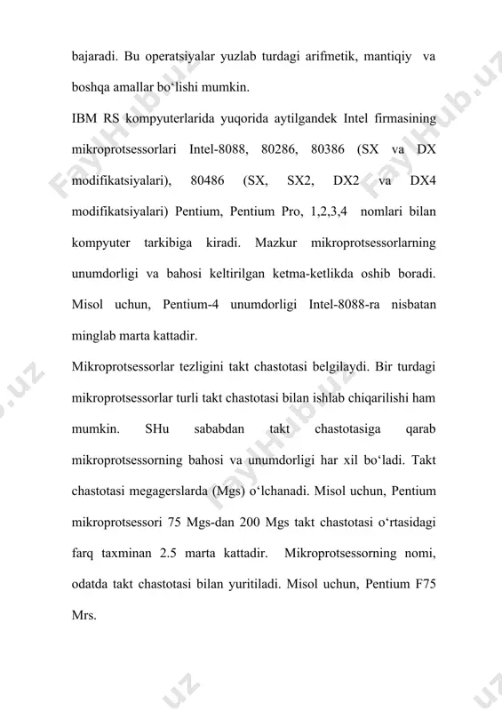 sxemasi tillari ishlatiladi. algoritmlarning graf – sxemasi ags – mikroprogrammani tashkil qiluvchi mikroamallarning bajarilishi tartibini belgilovchi uchlar va ular orasidagi bog‘lanishlardir. uchlar to‘rt xilga bo‘linadi: boshlanish uchi, operator uchi, shart uchi, tamom uchi. odatda g‘ar xil qurilmalarni loyihalashda avvalo mazmunli ags tuziladi. bunday ags dagi operator va shart uchlarining ichida mikroamallar va mantiqiy shartlar mazmunli terminlarda yozilgan bo‘ladi. har qanday mikroprotsessor aniq sondagi elementlardan tashkil topgan, bo‘larga :1)xotira 2)registr 3) arifmetik mantiqiy qurilma 4)boshqarish qurilmasi. 1) xotira – operativ xotira bilan arifmetik mantiqiy qurilma orasidagi yordamchi kesh xotira bo‘lib, asosiy vazifasi operativ xotiraning ma’lumotlarni o‘qib arifmetik mantiqiy qurilmaga uzatishdir. 2) registr – mikroprotsessorda bajarilayotgan ichki ma’lumotlar xotira adreslari va bajarayotgan buyruqlarni vaqtinchalik saqlash uchun xizmat qiladi. 3) arifmetik mantiqiy qurilmada asosan ma’lumotlarni arfmetik va mantiqiy qayta ishlashni amalga oshiradi. 4) boshqarish qurilmasi – mikroprotsessorning ichki ish rejimida zarur bo‘ladigan boshqaruvchi signallarni va tashqi qurilmalar bilan shinalar orqali mikroprotsessor orqali aloqani …