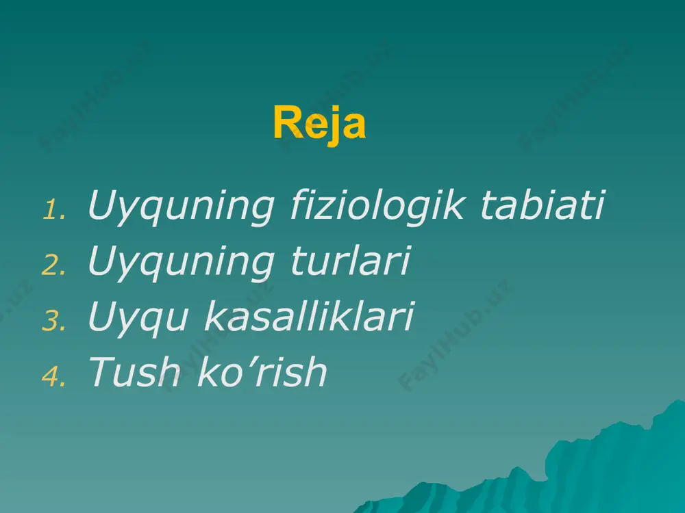ydi, balki bir oz pasayadi. shunday qiiib, uyqu bosh miya yarim sharlari po'stloglning nerv hujayralari, ya'ni oliy nerv markazlarining tormozlanish holati bolib, bu vaqtda nerv hujayralari dam oladi, energiya to'playdi. shuning uchun to'yib uxlagandan keyin odamning kayfiyati yaxshi boladi, ish qobiliyati ortadi. tungi uyqu^jr^l bosqichdan iborat bolib, har qaysi bosqichda sekin va fez uyqu davrlari takrorlanib turadi. sekin uyqu davri 1—1,5 soat, tez uyqu davri 10—30 minut davom etadi. uyqu davrida nafas olish, yurak urishi sekinlashadi. binobarin, bu vaqtda bosh miya nerv hujayraiarida tormozlanish holati chuqurlashadi. tez uyqu davrida nafas olish, yurak urishi malum darajada tezlashadi. buning sa-babi shundaki, bu vaqtda bosh miya nerv hujayraiarida tormoz­lanish susayadi. shuning uchun tez uyqu davrida ba'zan tush ko'jish sodir boladi. образец текста второй уровень третий уровень четвертый уровень пятый уровень uyqu turlari tabiiy fiziologik uyqu gipnotik uyqu narkotik uyqu uyqu kasalliklari tabiiy fiziologik uyqu har kungi tundagi normal uyqudir^odam organizmining tabiiy fiziologik uyquga …