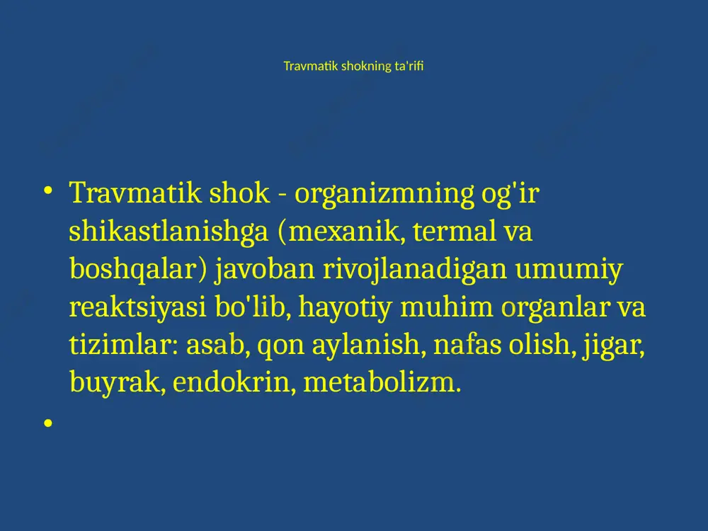 min eritmasini yuborish; mmhg darajasida barqarorlashganda glyukoza-novokain aralashmasini kiritish . 7. gemoglobin 50 g/l, gematokrit 20-25% gacha bo'lganda qizil qon tanachalarini quyish, qonni qayta quyish . 8. periferik qon tomir tonusini rag'batlantiruvchi dori vositalarini qo'llash: - daqiqada 100-250 mkg dozada dopamin , - 1 litr 5% glyukoza eritmasiga 2-4 ml 0,2% norepinefrin eritmasi. malakali tibbiy yordam nafas olish tizimining faoliyatini tiklash: - o'tkir nafas etishmovchiligining mexanik sabablarini yo'q qilish (asfiksiya, gemotoraks, pnevmotoraks, qovurg'aning fenestrlangan sinishida qovurg'a qopqog'ini mahkamlash); - barcha turdagi blokadalar (interkostal, paravertebral , vagosimpatik); - namlangan kislorodni inhalatsiyalash; - o'tkir nafas etishmovchiligida traxeyani intubatsiya qilish va mexanik ventilyatsiya qilish; - traxeostomiya . malakali tibbiy yordam jigar faoliyatini tiklash: - insulin va b va c vitaminlari bilan 5-10% glyukoza eritmasini tomir ichiga yuborish; - kislorodli terapiya. buyrak faoliyatini tiklash: - osmotik diuretiklarni yuborish: 30% karbamid eritmasi (bemorning 1 kg vazniga 1 g quruq modda), 15% mannitol eritmasi (1 kg …