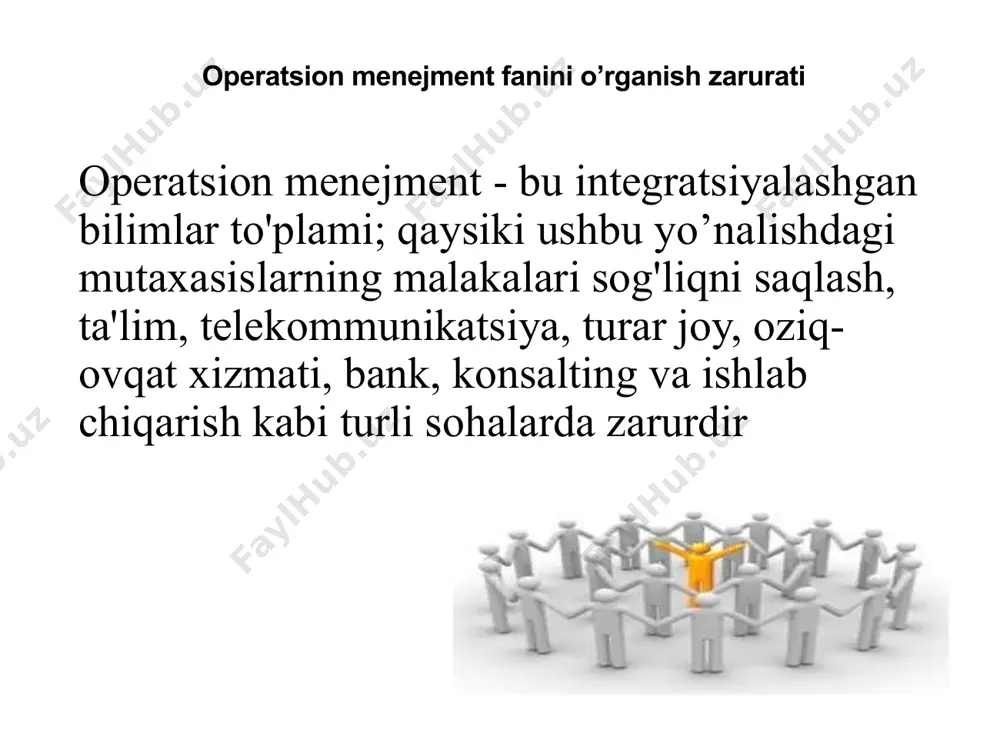 u eng kam xarajat evaziga faoliyatni yaxshi bajarishni anglatadi operatsiyalarni boshqarish ta’rifi operatsiya bu nima? operatsiyalar - bu mahsulot yoki xizmatni etkazib berish uchun mas'ul bo'lgan funktsiya. operations menejment nima? tovarlarni yaratadigan va / yoki xizmatlarni ko'rsatadigan tizimlarni yoki jarayonlarni boshqarish. operatsion menejerlar nima ish qiladi? operatsion menejerlari operatsiyalar funktsiyasi bo'yicha qarorlar qabul qilish va transformatsiya jarayonini boshqarish orqali mijozlarga eng kam xarajat bilan qiymat beradi. operatsiyalarni boshqarish ta’rifi operatsion menejment bu: "tovarlar va xizmatlarning yaratilishi va mijozlarga muvaffaqiyatli etkazib berilishini ta'minlashning ilm-fan darajadagi san'ati" operatsiyalarni boshqarish ta’rifi shug’ullanadi : dizayn va boshqarish mahsulotlar jarayonlar xizmatlar yetkazib berish u firmalar o'z mijozlari xohlagan tovar va xizmatlarni etkazib berishlari uchun zarur bo'lgan resurslarni sotib olish, rivojlantirish va ulardan foydalanishni ko'rib chiqadi. operatsiyalarni boshqarish ta’rifi tovarlar va xizmatlar ishlab chiqarishni tashkil etish tovarlar - bu siz ko'rishingiz, tegizishingiz yoki iste'mol qilishingiz mumkin bo'lgan jismoniy mahsulot - uzoq muddatli mahsulotlar --> >= 3 …
