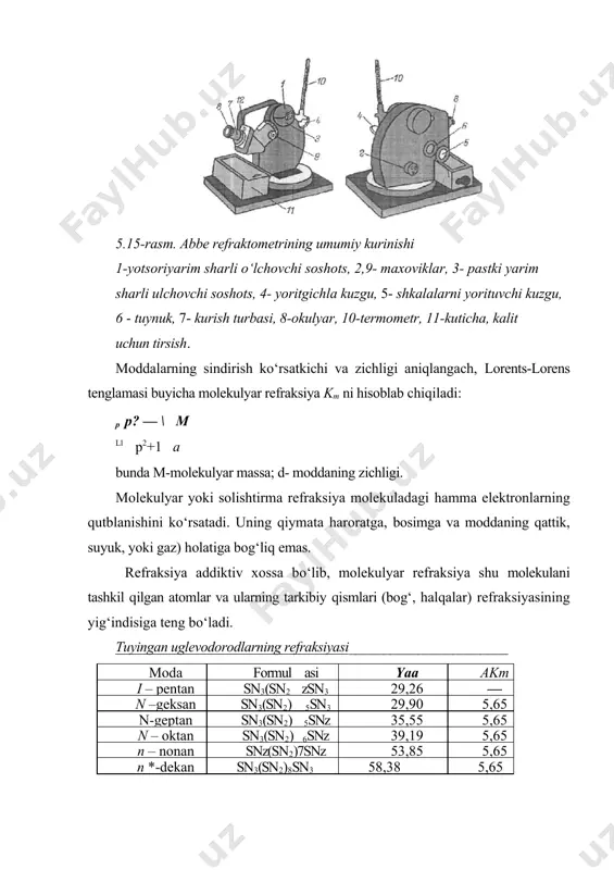 r eritma, bug‘ va qattiq holda ham optik faol, bо‘ladi. asim metrik uglerod atomiga ega bо‘lgan birikmalar optik faol moddalar hisoblanadi. optik faol moddalarga misol qilib tabiiy birikmalardan aminokislotalar, uglevodlar, alkaloidlar, antibiotiklar va boshqa organik birikmalarni kо‘rsatish mumkin. organik moddalarning optik faolligi ulardagi asimmetrik uglerod atom i bilan borlikdir. masalan, olma kislota molekulasidagi uglerod, atomlaridan biri, vino kislotada esa ikkitasi turtta har xil atomlar yoki atomlar grulpasi bilan bog‘langan: lma kislota molekulasidagi asimmetrik uglerod atomi (formulada yulduzcha bilan belgilangan) bitta bog‘i bilan karboksil, ikkinchi bog‘i bilan - vodorod, uchinchi bog‘i bilan - giddroksil va tо‘rtinchi bog‘i bilan sn2—soon guruxi bog‘langanligini kо‘rish mumkin. shuni ham nazarda tutish kerakki, moddalarni optik faol bо‘lmagan birikmalardan sintez qilib olishda ungga buruvchi va chapga buruvchi molekulalar teng miqdorda hosil bо‘lib, molekulalarning qutblangan nurni о‘ngga ham chapga burish qobiliyati tenglashadi va natijada olingan, moddalar optik faol bо‘lmaydi. neft mahsulotlarini optik faolligini aniklashda polyarimetr deb ataladigan asbobdan …