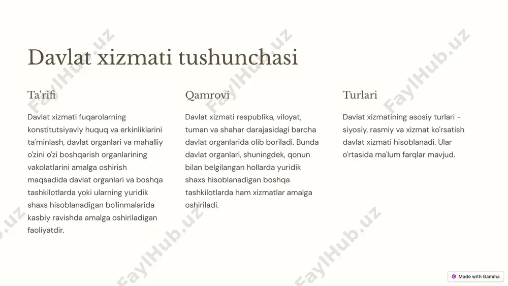 chun kafit va ijtimoiy kafolotlar mehnat to'lov tizimi davlat xizmatchilarga ish haqini, ustama va qo'shimcha to'lovlarni o'z vaqtida va to'liq to'lash kafolatlangan. kafolatlar davlat xizmatchilari mehnat ta'tili, kasallik, nogironlik, oila a'zolarini parvarishlash kabi ijtimoiy kafolatlarga ega. ijtimoiy sug'urta davlat xizmatchilari davlat ijtimoiy sug'urtasi tizimining to'laqonli ishtirokchisidirlar. soliq imtiyozlari davlat xizmatchilari uchun turli soliq va yig'imlarni kamaytirish imtiyozlari mavjud. 9 qonunning ijrosi ustidan nazorat 1 davlat nazorati davlat xizmati qonunining ijrosi davlat organlari tomonidan nazorat qilinadi. ular qonun talablarini buzganlar nisbatan javobgarlik choralari ko'radilar. 2 fuqarolik nazorati fuqarolar va jamoat tashkilotlari ham davlat xizmati faoliyatining qonuniyligini, ochiqligini va shaffofligini kuzatib boradilar. 3 sudlov nazorati davlat xizmati faoliyati bilan bog'liq nizolarni hal qilishda sudlar muhim rol o'ynaydilar. ulар qонun buzilgan hollarda qоnоniy qarоrlar qabul qiladilar. 10 1.08.08.2022-yil ,,davlat fuqarolik xizmati to’g’rsidagi’’ qonun. 2. https//etaonline. 3. https//interonconf.org 4. https//library.ziyonet.uz 5. https//orginfo.ru foydalanilgan adabiyotlar: image1.png image2.png image3.png image4.png image5.png image6.png image7.png image8.png image9.png image10.png …