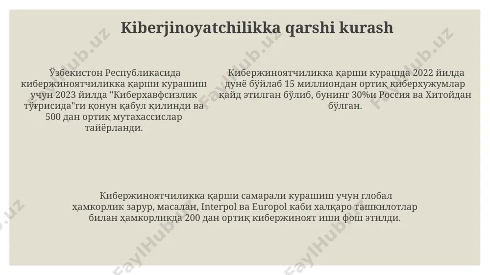 ilda o'zbekiston, qozog'iston va qirg'iziston o'rtasida giyohvand moddalar savdosiga qarshi 3 ta yirik qo'shma operatsiya o'tkazilib, 50 dan ortiq shaxs hibsga olingan va katta miqdordagi giyohvand moddalar musodara qilingan. transmilliy jinoyatchilikka qarshi kurashda interpolning 190 dan ortiq a'zo davlati, jumladan o'zbekiston, aqsh va rossiya kabi yirik davlatlar faol ishtirok etadi, bu esa ma'lumot almashinuvi va qo'shma operatsiyalarni amalga oshirish imkonini beradi. chet eldan kelayotgan jinoyatchilarni aniqlash aqshning 2024-yilgi hisobotiga ko'ra, markaziy osiyo mamlakatlariga kiberjinoyatlar sohasida malakali 100 dan ortiq chet ellik mutaxassislar kirib kelgani va ularning 70%i pul yuvish sxemalarida ishtirok etganligi aniqlangan. chet eldan kelayotgan jinoyatchilarni aniqlashda, 2022-yilda o'zbekistonga noqonuniy kirgan 500 dan ortiq shaxsning ma'lumotlar bazasi tahlili orqali, ularning 30 foizi xalqaro giyohvand moddalar savdosi bilan bog'liq jinoyatlarga aloqador bo'lgan. interpol ma'lumotlariga ko'ra, 2023-yilning birinchi choragida toshkent va samarqand shaharlarida hibsga olingan 15 nafar chet el fuqarosi rossiya va qozog'iston davlatlaridan noqonuniy qurol-yarog' olib o'tishda ayblanmoqda. terrorizm va …