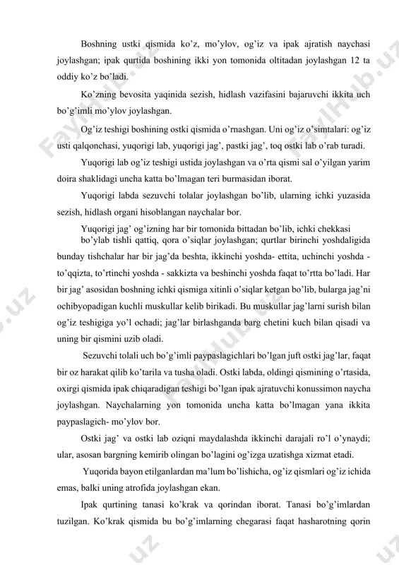 gi lab og’iz teshigi ustida joylashgan va o’rta qismi sal o’yilgan yarim doira shaklidagi uncha katta bo’lmagan teri burmasidan iborat. yuqorigi labda sezuvchi tolalar joylashgan bo’lib, ularning ichki yuzasida sezish, hidlash organi hisoblangan naychalar bor. yuqorigi jag’ og’izning har bir tomonida bittadan bo’lib, ichki chekkasi bo’ylab tishli qattiq, qora o’siqlar joylashgan; qurtlar birinchi yoshdaligida bunday tishchalar har bir jag’da beshta, ikkinchi yoshda- ettita, uchinchi yoshda - to’qqizta, to’rtinchi yoshda - sakkizta va beshinchi yoshda faqat to’rtta bo’ladi. har bir jag’ asosidan boshning ichki qismiga xitinli o’siqlar ketgan bo’lib, bularga jag’ni ochibyopadigan kuchli muskullar kelib birikadi. bu muskullar jag’larni surish bilan og’iz teshigiga yo’l ochadi; jag’lar birlashganda barg chetini kuch bilan qisadi va uning bir qismini uzib oladi. sezuvchi tolali uch bo’g’imli paypaslagichlari bo’lgan juft ostki jag’lar, faqat bir oz harakat qilib ko’tarila va tusha oladi. ostki labda, oldingi qismining o’rtasida, oxirgi qismida ipak chiqaradigan teshigi bo’lgan ipak ajratuvchi konussimon naycha …