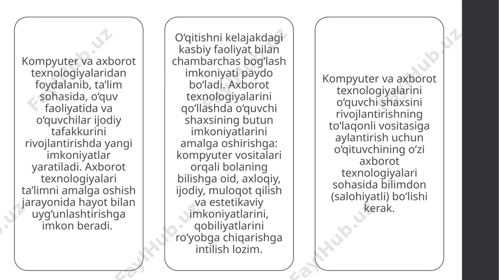 kompyuter bilan interfaol o‘zaro birgalashib, harakat qilish jarayonida o‘quv materialini o‘zlashtirishda; · o‘zlashtirilgan bilimlar, malakalar va ko‘nikmalarni takrorlash va mustahkamlashda; · o‘qitishda erishilgan natijalarni oraliq va yakuniy nazorat qilish va o‘zo‘zini nazorat qilish bosqichida; · o‘quv materialini qismlarga bo‘lish, uni klassifikatsiyalash va tizimlashtirishni takomillashtirish orqali o‘qitish jarayoniga va uning natijalariga tuzatishlar kiritish bosqichida foydalanilishi mumkin. oqilona tuzilgan kompyuterli o‘qitish dasturlari axborotni o‘quvchi tomonidan o‘zlashtirilishining psixologik va pedagogik qoidalari e’tiborga olingan taqdirda o‘qitishni individuallashtirish va differensiyalashtirishga, bolalarning qiziqishlari va o‘qishdagi mustaqil faoliyatini rag‘batlantirishga imkon beradi. maktab pedagogik jarayonida kompyuter o‘qituvchi, ishchi qurol, o‘qitish obyekti, hamkorlik qiluvchi jamoa, bo‘sh vaqt (o‘yin) muhiti xizmatlarini bajarishi mumkin (g. k. selefko). kompyuter o‘qituvchi sifatida o‘qituvchini va kitobni qisman yoki to‘liq o‘rnini bosadigan o‘quv axboroti manbai; multimediya va telekomunikatsiya imkoniyatlari bilan tamoman yangi sifat darajasidagi ko‘rgazmali vosita; individual va axborot muhiti; trenajyor; o‘quvchilar bilimni tashhislash va nazorat qilishning vositasi vazifalarini bajaradi. odatdagi darsda o‘qituvchi dars mavzusi …