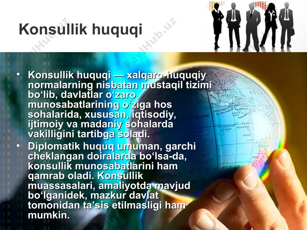 solishga xizmat qiluvchi xalqaro huquq institutlaridan biridir. uning normalari 1963 yilgi vena konvensiyasida kodifikatsiya qilingan. davlatlarning keng tarqalgan amaliyotlaridan biri xalqaro huquqning tegishli kridalarini aniqlashtiruvchi yoki ularga boshqacha shakl beruvchi ikki tomonlama konsullik konvensiyalarining to‘zilishidir. misol uchun, konsullik organlari deb nomlanuvchi konsullik muassasalari faoliyati doirasini belgilovchi konsullik vakolatxonasi joylashgan davlat hududi chegaralarini aniqlashga karatilgan konvensiyalar. konsullik masalalari bo‘yicha xalqaro shartnomalar ham ikki tomonlama, ham ko‘p tomonlama asosda to‘ziladi. 1963 yilda qabul qilingan konsullik aloqalari to‘g‘risidagi vena konvensiyasi universal ahamiyatga ega. konvensiya 1967 yil 18 martda kuchga kirdi. o‘zbekistan respublikasi ushbu konvensiyani 1995 yilda ratifikatsiya qilgan. konsullik huquqida konsullik masalalari bo‘yicha konvensiyalar va ikki tomonlama shartnomalar muhim urin tutadi. shuningdek, konsullik organlari maqomi, funksiyalari, to‘zilipshni hamda xorijiy konsullik muassasalari huquqiy holatini belgilab beruvchi milliy qonunchilik qoidalari ham katta ahamiyatga ega.