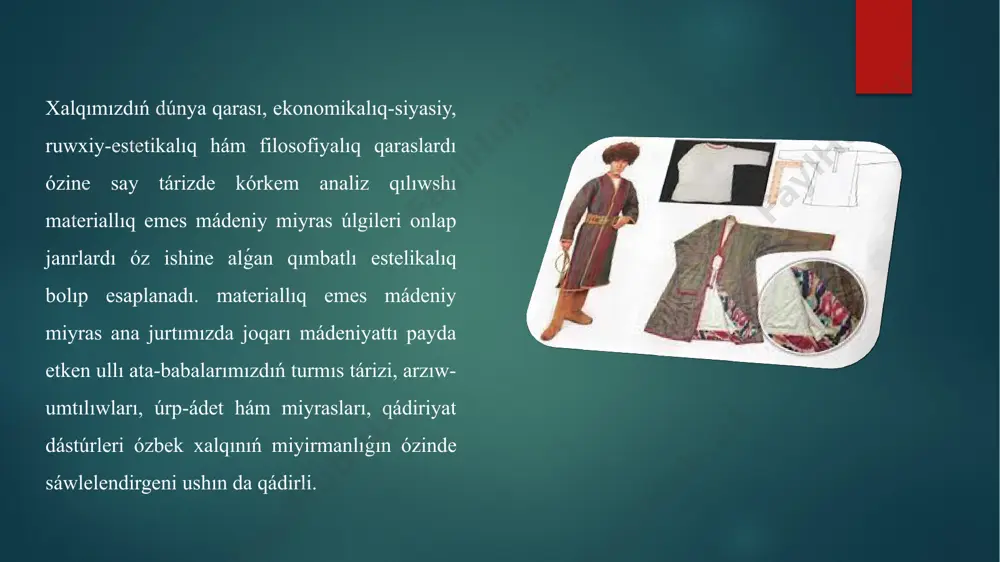 » hám t.b. oyınlar keńnen dástúr bolıp, bunda babalardıń tábiyatqa degen múnásibetlerin rawajlandırıwǵa baǵdarlanǵan. kópshilik xalıq oyınları ata babalarımızdan balalar hám aqlıqlarǵa ótken. perzentlerimizdiń sana sezimin ósiriwde, bilim dárejesin, sóz baylıǵın asırıwda xalıq oyınlarınıń áhmiyeti úlken. úlken jastaǵı adamlar ushın miynet etiw áhmiyetli sanalsa, balalar turmısında oyınlar olardıń qızıǵıwshılıǵın, pikirlewin, ortalıqtaǵı waqıyalarǵa múnásibetlerin qáliplestiredi. sonday-aq oyınlar úrp-ádetler, milliy qádiriyatlar hám mádeniyatti úyrenip barıwda teoriyalıq dereklerge súyenedi. háreketli oyınlar túrli qıyınshılıqlardı jeńiw, baladaǵı pazıyletlerdi qáliplestiriw, uqıbın kórsetiwge baǵıshlanǵan fizikalıq shınıǵıwlardı óz ishine aladı. bunnan tısqarı balalarǵa quwanısh baǵıshlaytuǵın hárkektli oyınlar áhmiyetli sanaladı. paydalanǵan ádebiyatlar sh.mirziyoev. «buyuk kelajagimizni mard va oliyjanob xalqimiz bilan birga quramiz». toshkent. «ózbekiston» 2017yil. 2. shavkat mirziyoev. «erkin va farovon, demokratik ózbekiston davlatini birgalikda barpo etamiz». toshkent. «ózbekiston» 2017 yil. oxunjon safarov, mels mahmudov. «oila mánaviyati». toshkent. «mánaviyat». 2009-yil. 3. i.sh.alqarov. r.mamatqulova. x.d.norqulov. «oila tarbiyasi asoslari». g’afur g’ulom nomindagi nashriyot-matbaa ijodiy uyi. t. 2009-yil image6.png image7.png image8.png image9.png …