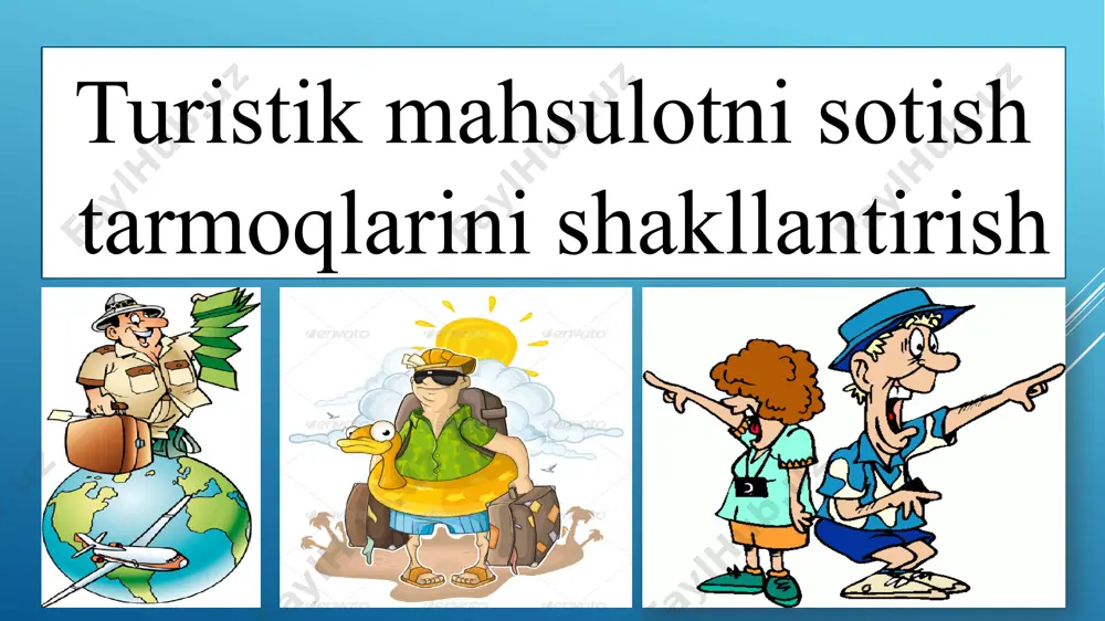 gan xorijiy turistik firma-vositachilarning ma’lum sonidir. www.arxiv.uz turoperatorlik firmalarining ko‘p yillik amaliy faoliyatlarida turmahsulotni sotishning turli yo‘llaridan foydalaniladi: xususiy sotishlar byurosini tashkil etish (savdo nuqtalari); vositachi turagentlik tarmoqlarini tashkil etish; yirik tashkilot va korxonalar bilan aloqa o‘rnatish; maxsuslashtirilgan magazinlardan foydalanish; pochta orqali turlarni sotish. www.arxiv.uz turoperatorlar sotish byurolarining asosiy ishlab chiqarish vazifalari: axborot-ma’lumot stendlari, og‘zaki xabarlar, yozma ma’lumotlar yordamida tashrif buyuruvchilarga ma’lumot yetkazish; xorijga turistik sayohatlar bilan bog‘liq boshqa istalgan malumotlarni berish; tashrif buyuruvchilardan turni bron qilish talabnomalarini firma tomonidan o‘rnatilgan shaklda qabul qilish; bron qilish uchun talabnoma bergan tashrif buyuruvchilardan xorijiy vizalarini rasmiylashtirish uchun pasportlarni qabul qilish, ularning amal qilish muddatlarini tekshirish; mijozlarni turni sotib olish va sotish shartlari, shuningdek, «xorijga turistik safarlar umumiy shartlari» bilan tanishtirish; belgilangan muddatlarda mijozdan turning avans yoki to‘liq qiymati to‘lovini qabul qilish; turistik safar mobaynida uning sug‘urtasi masalasini kelishib olish; mijozga xorij vizasi qo‘yilgan pasport va zarur turistik hujjatlarni berish, unga safar xususiyatlari …